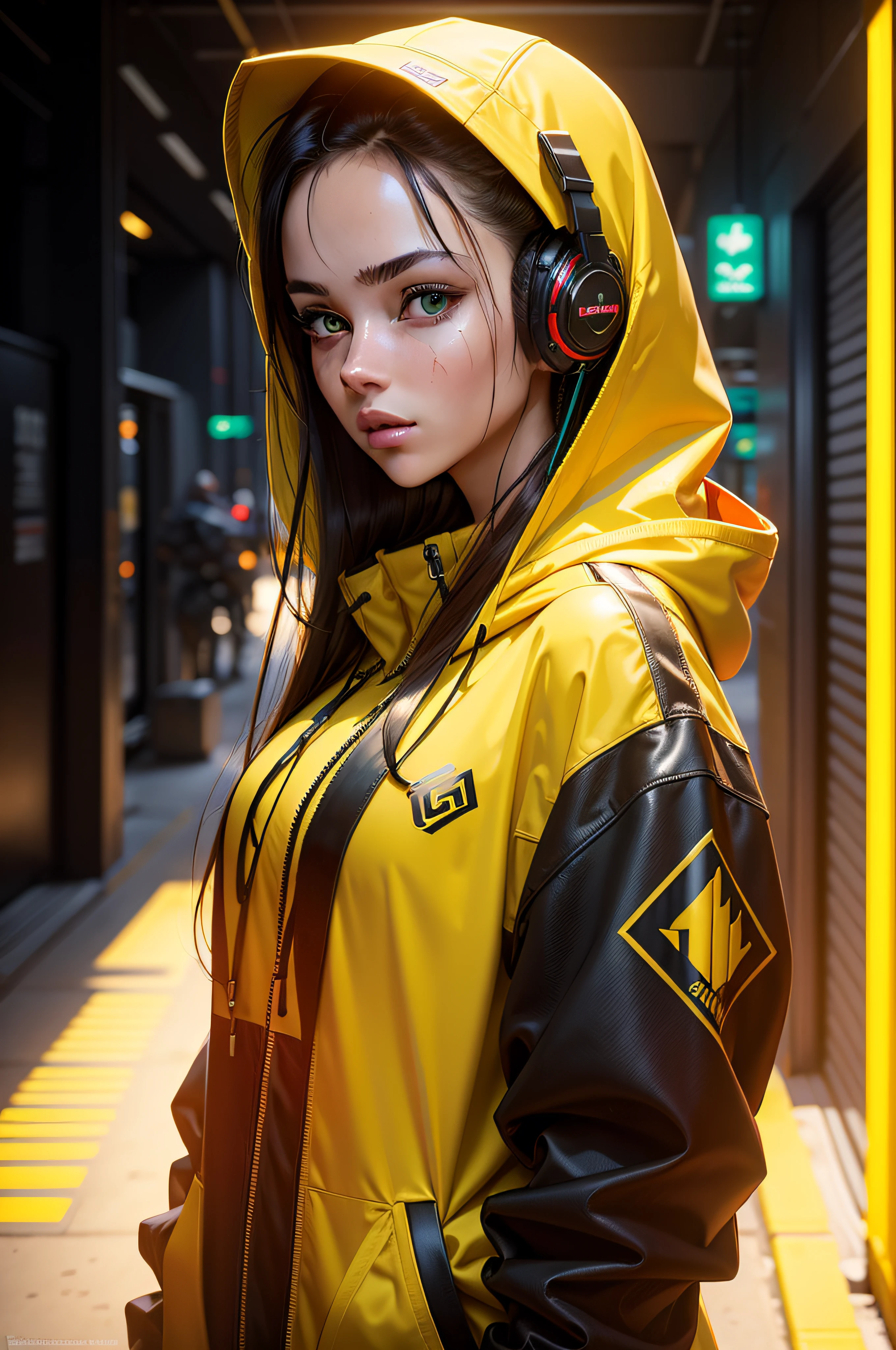 (masterpiece) Overhead Shot, attractive young woman, small scars on the face, headphones on the head, green eyes, hooded, streetwear in red and yellow, vector, centered, no logos, no watermarks, highly detailed, high definition, clean background, dark cyberpunk sci-fi, distant future, framed