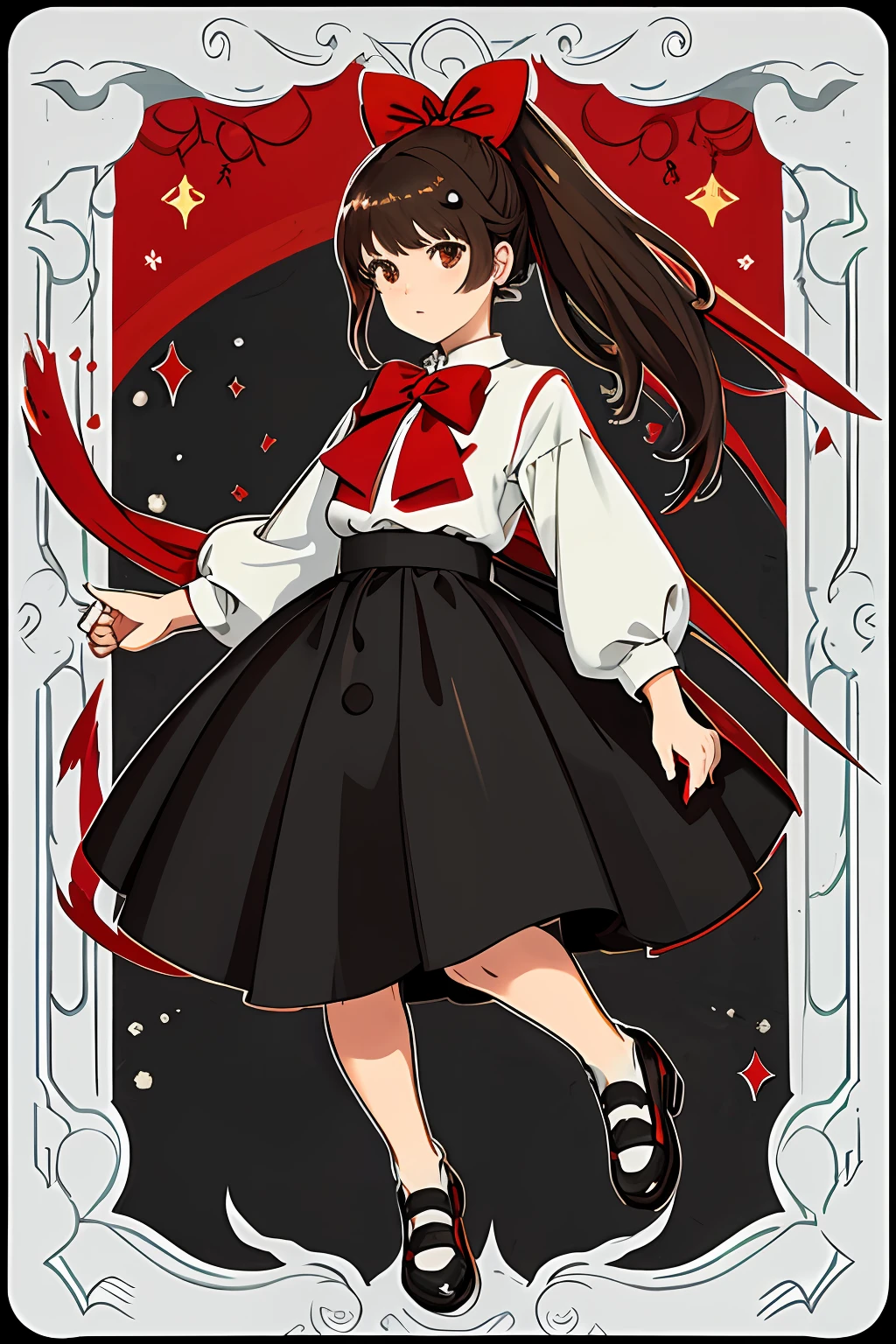 High ponytail,Genki girl,brunette color hair,hair straight,Red bow hair ornament,White top,Black dress,Small leather shoes,
