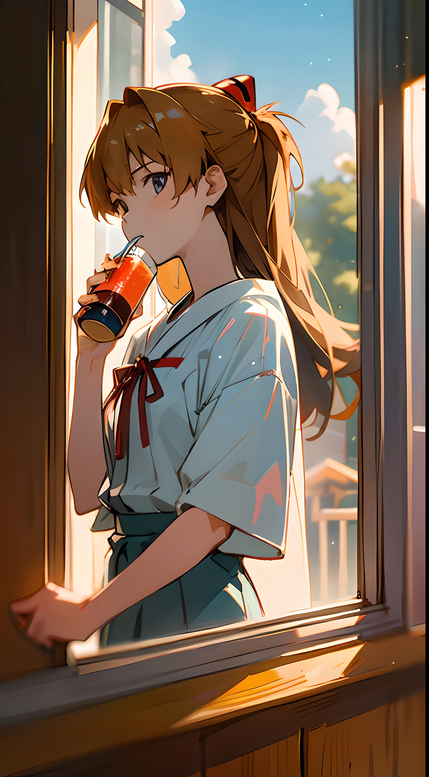 1 girl, asuka,School uniforms in Japan, Evangelion, 8K, best quality, japanese cloth, looking out the window, more details,Drinking juice, summer, cool style, bright colors,sunlight,japan,