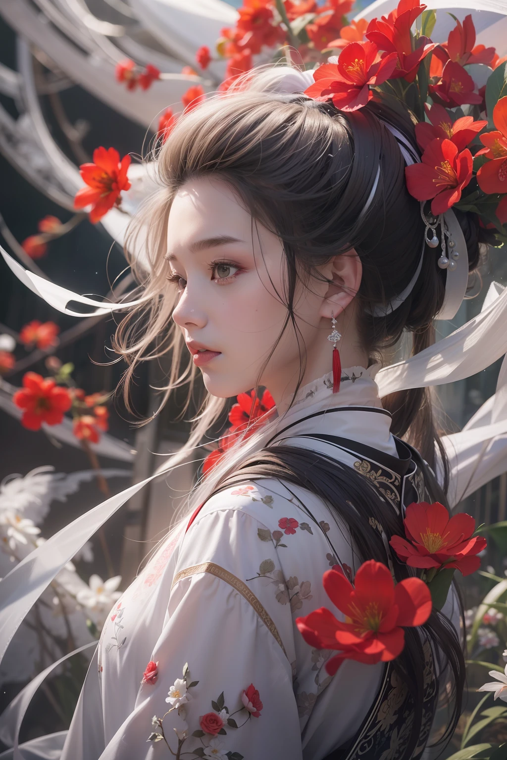 Super high quality, masterpiece, perfect illustration, extreme detail (exquisite light and shadow, highly dramatic picture,) Stroke, 1 girl, solo, (wearing red, black and white Hanfu,) flower field, flowers, (white smoke:1.3) (Realistic:1.4), Zen entanglement, tangled, official art, Unity 8k wallpaper, super detailed, beautiful and beautiful, masterpiece, best quality, (dynamic angle: 1.4), glowing skin, (floating colorful flashes: 1) the most beautiful chaotic forms, elegant, brutalist design, Bright colors, romantic depth of field exotic_dance, half_naked