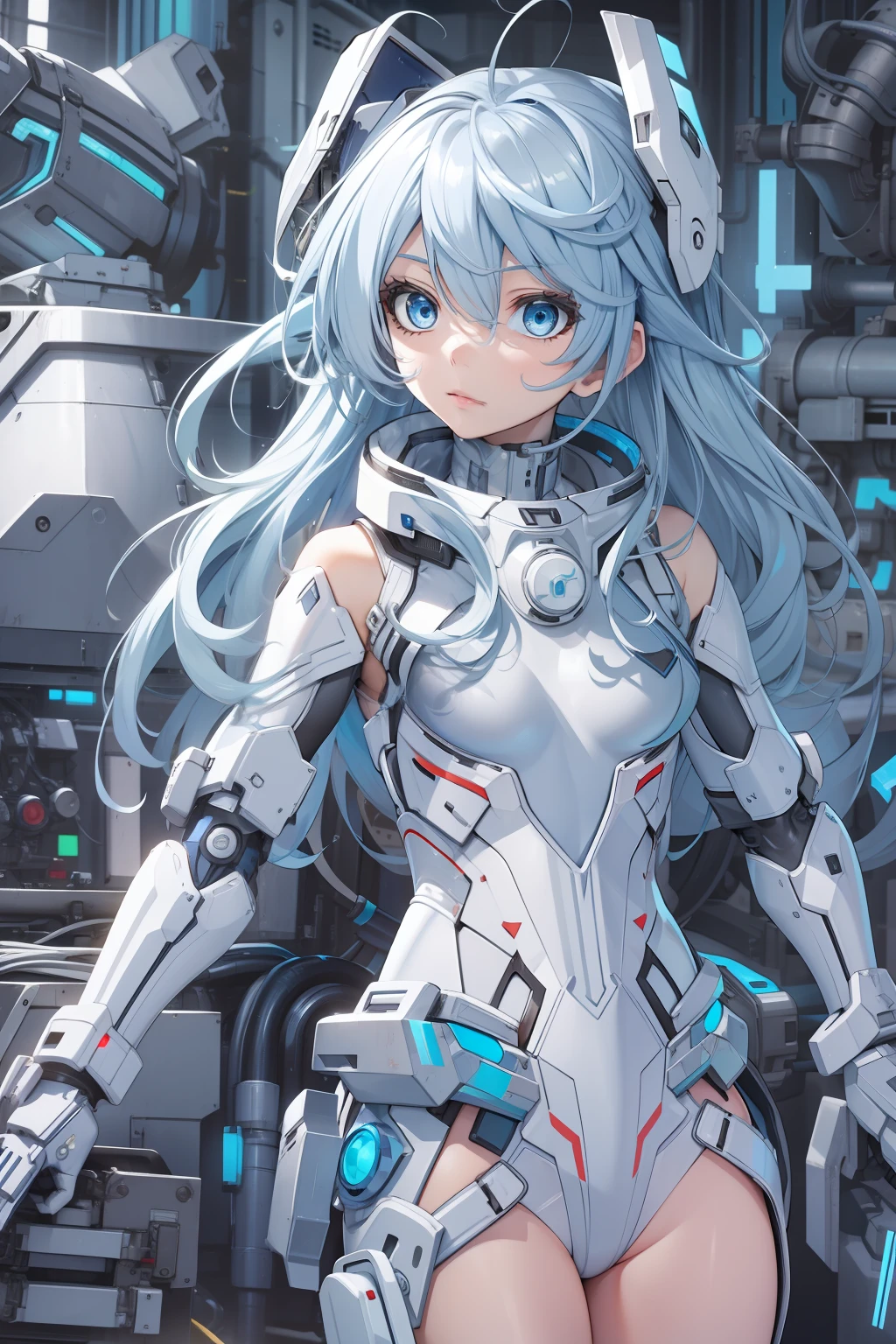 Silver-blue hair，blue colored eyes，Machine body，Cute girl，White research suit，Both arms were replaced by weapon artillery，Energy Heart，Mechanical wiring is all over the body。