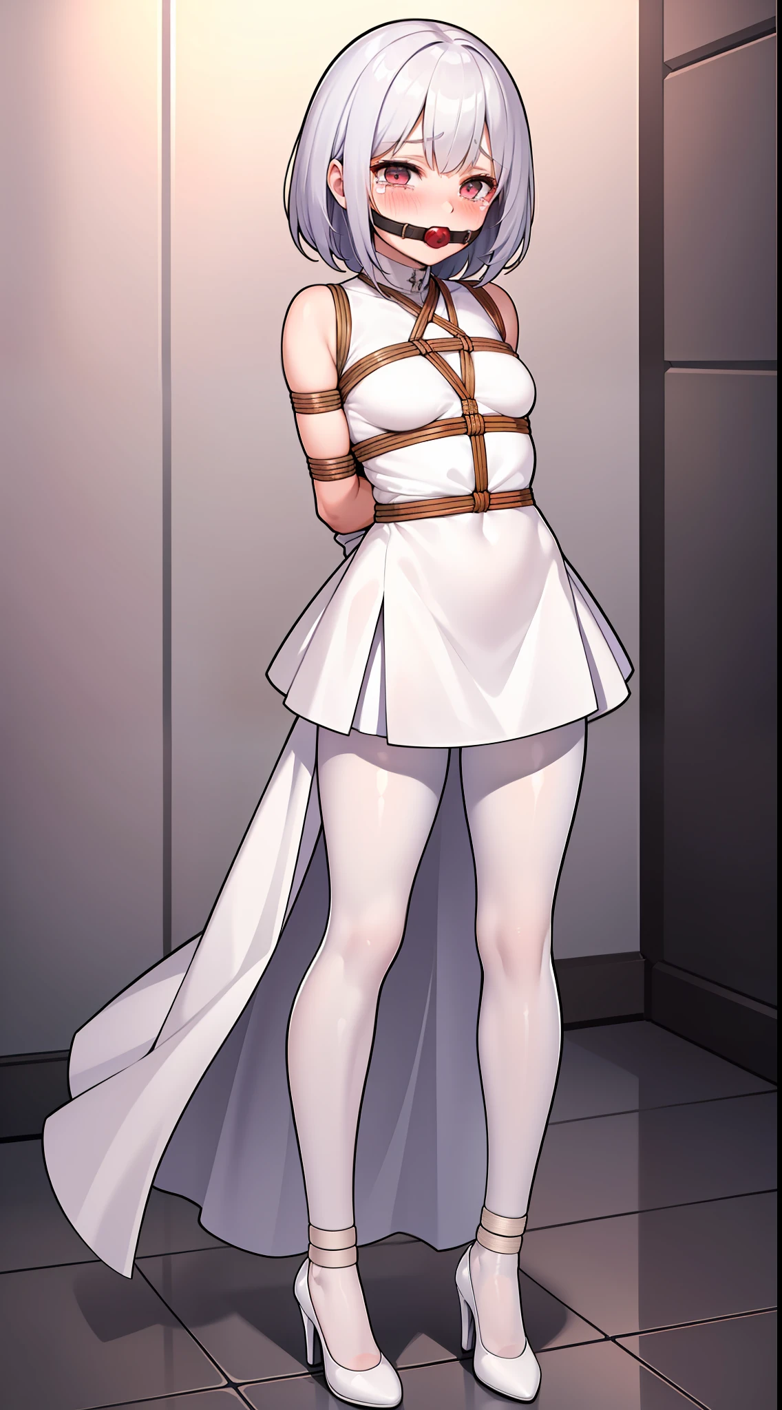 masterpiece, best quality,solo, (()), ((whitedress)), ((high heels)), ((white pantyhose)), ((blush)), ((tears)), ((shy)),((gag)),((arms_behind_back)),((bondage)),((shibari)),