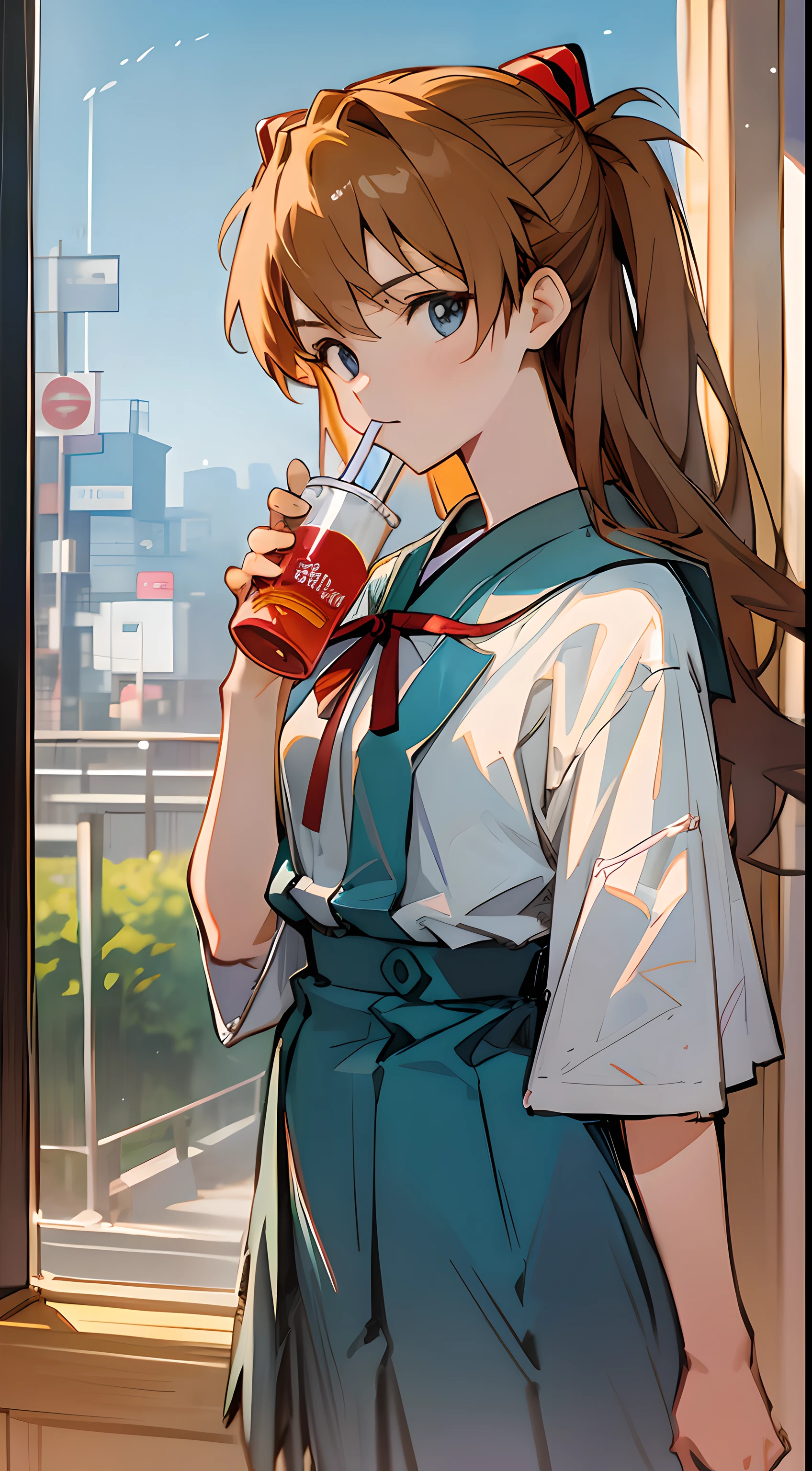 1 girl, asuka,School uniforms in Japan, Evangelion, 8K, best quality, japanese cloth, looking out the window, more details,Drinking juice, summer, cool style, bright colors,sunlight,japan,