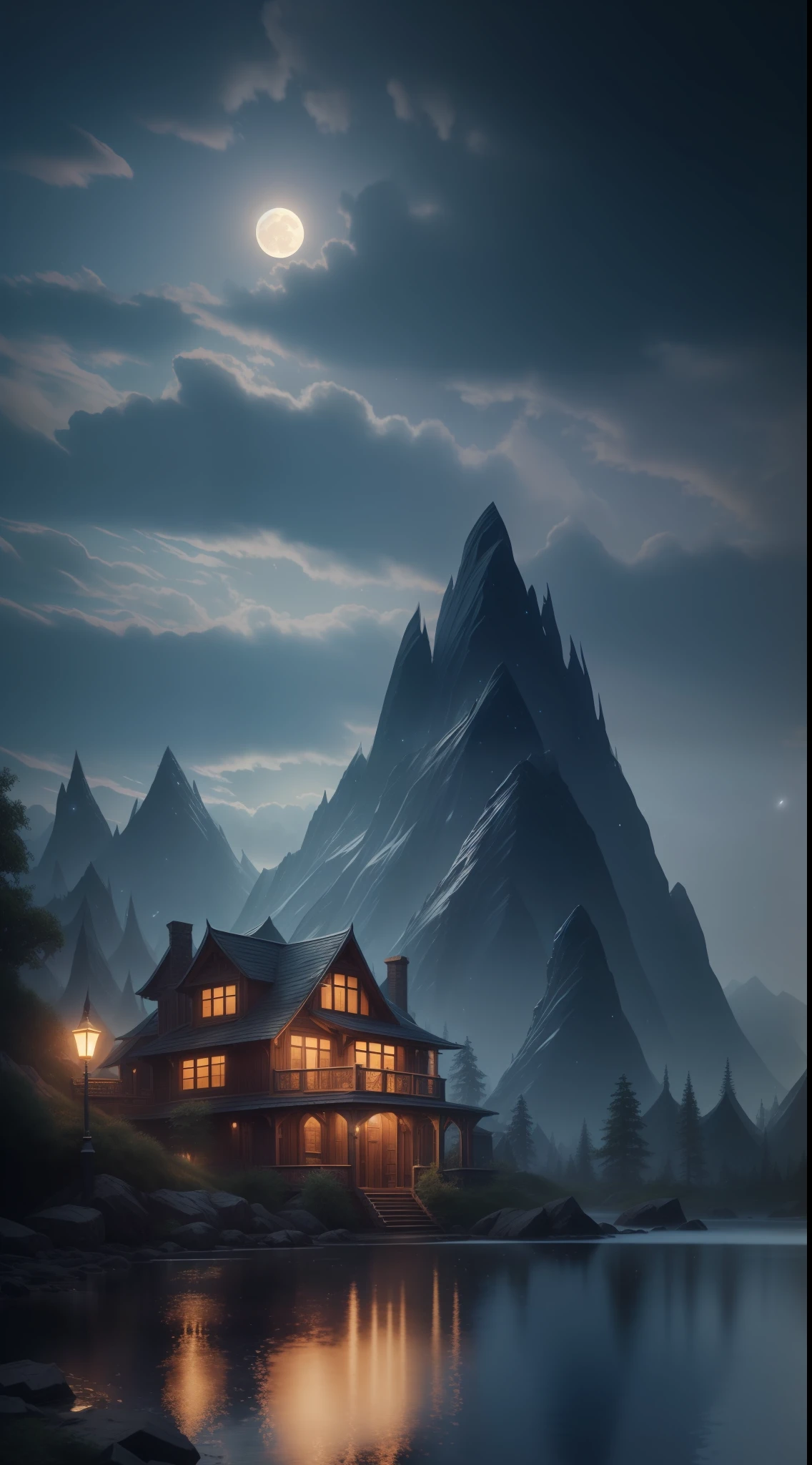high quality, moonlit night, blue black mountain range, dark fantasy, water reflections, screensavers, perfect composition, beautiful detailed intricate insanely detailed octane rendering trending on artstation, 32k art photography, photorealistic concept art, soft natural volumetric cinematic perfect light , chiaroscuro, award-winning photography, masterpiece, artstation trends, sharp focus, studio photo, intricate details, high detail, Greg Rutkowski