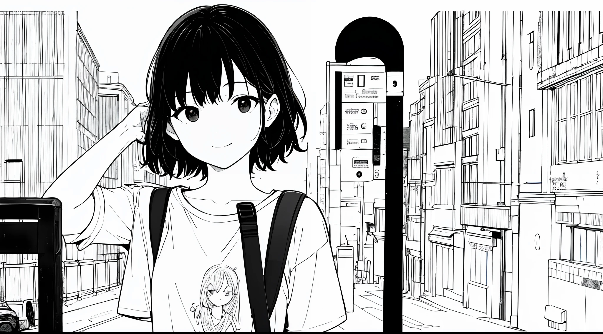 masterpiece, top-quality, 1girl in, tshirts, A slight smil, backpack, A dark-haired, Black eyes, head phone, a street, monochromes, line-drawing、