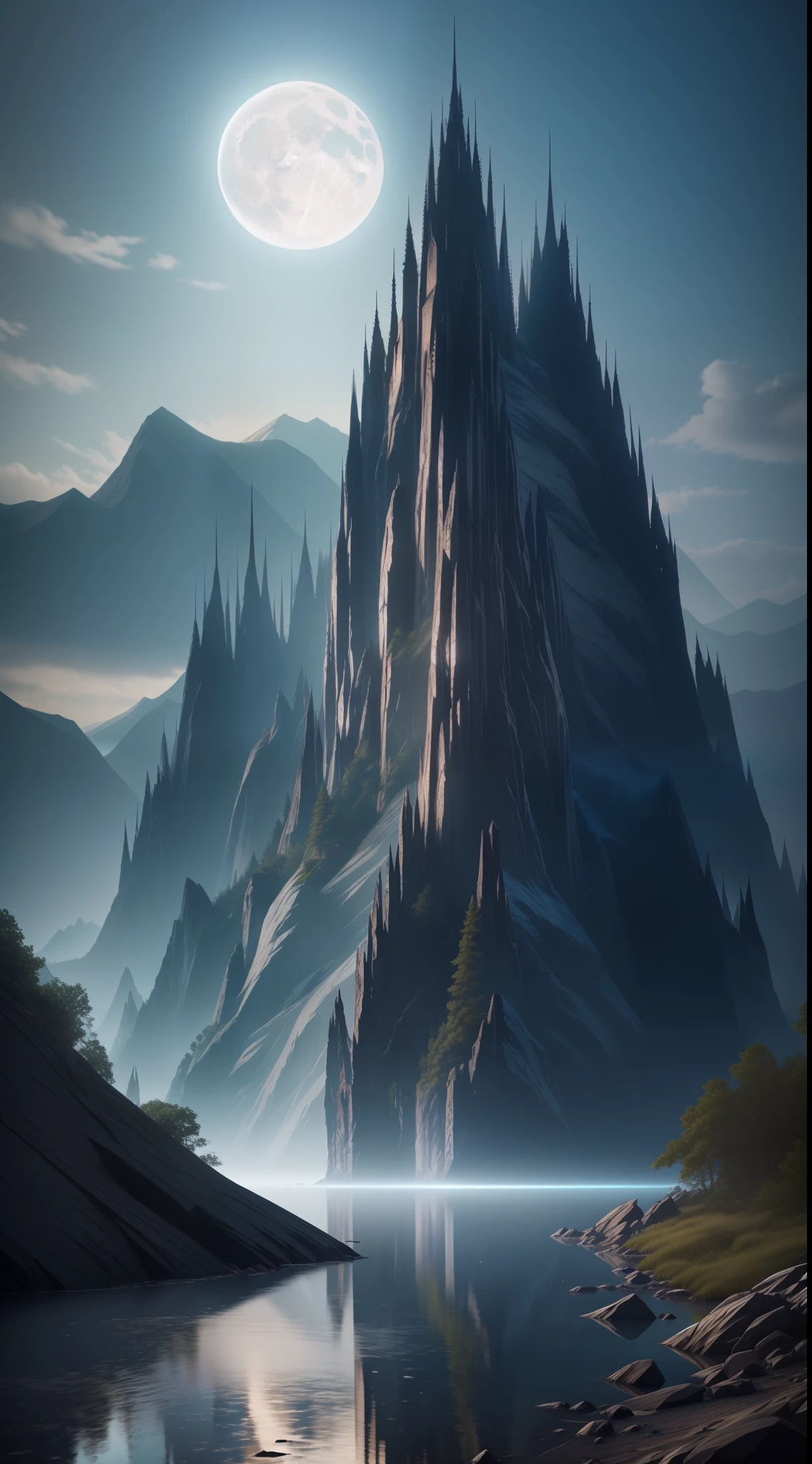 high quality, moonlit night, blue black mountain range, dark fantasy, water reflections, screensavers, perfect composition, beautiful detailed intricate insanely detailed octane rendering trending on artstation, 32k art photography, photorealistic concept art, soft natural volumetric cinematic perfect light , chiaroscuro, award-winning photography, masterpiece, artstation trends, sharp focus, studio photo, intricate details, high detail, Greg Rutkowski