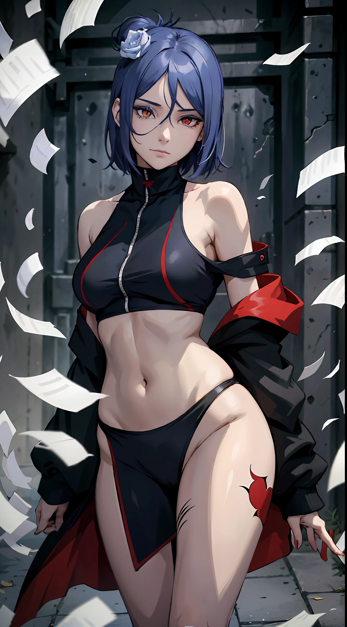 absurderes, (best qualityer), (tmasterpiece), (ultra - detailed: 1.2), (Fotorrealista: 1.1),Off-the-shoulder attire， (A high resolution), 1girll,(injury:1.1),(bloods:1.1), Xiaonan \(Naruto\), (Akatsuki bikini:1.1), Perforated Rabret, (paper:1.2), Ripples, twirl, Rainbow art,