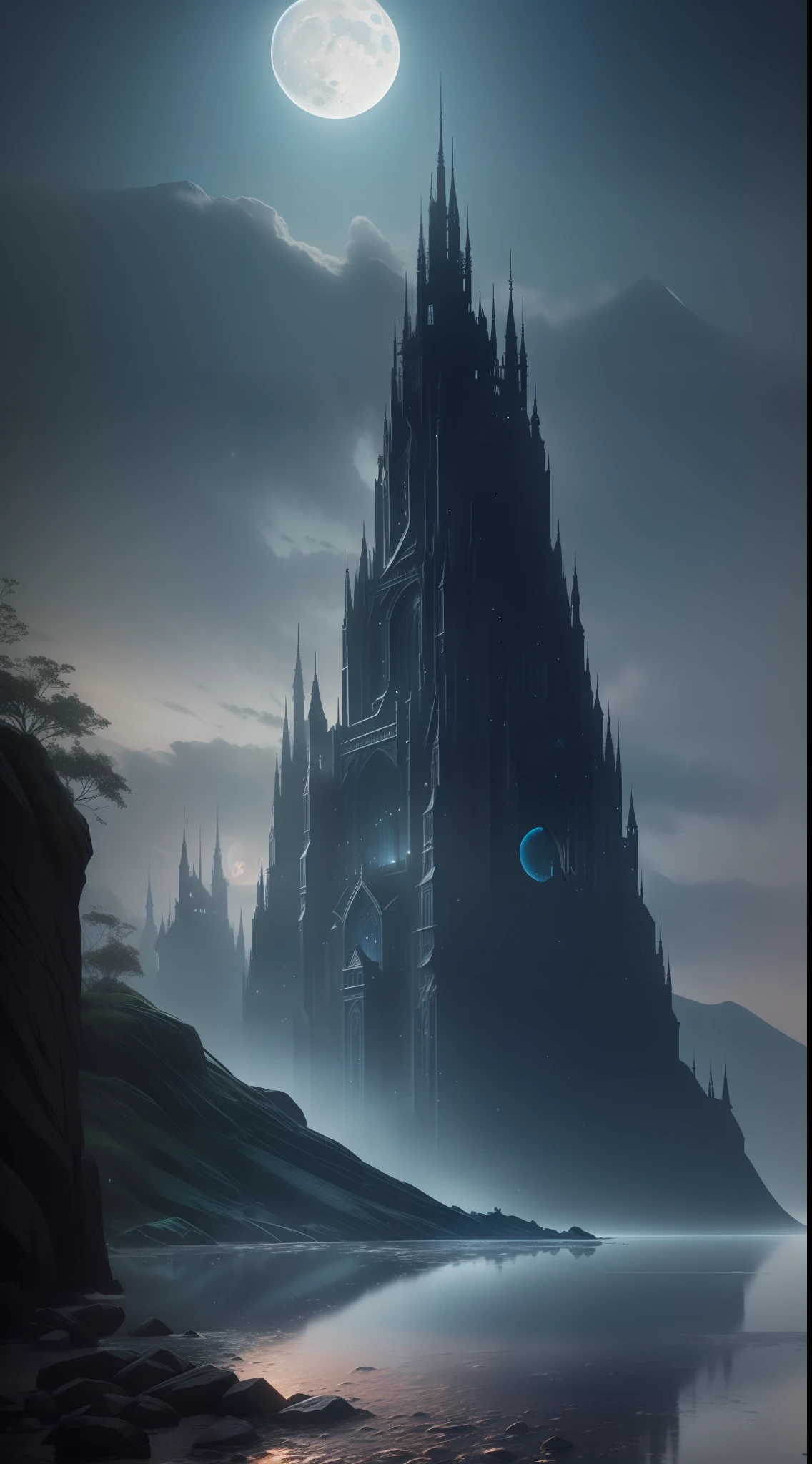 high quality, moonlit night, blue black mountain range, dark fantasy, water reflections, screensavers, perfect composition, beautiful detailed intricate insanely detailed octane rendering trending on artstation, 32k art photography, photorealistic concept art, soft natural volumetric cinematic perfect light , chiaroscuro, award-winning photography, masterpiece, artstation trends, sharp focus, studio photo, intricate details, high detail, Greg Rutkowski