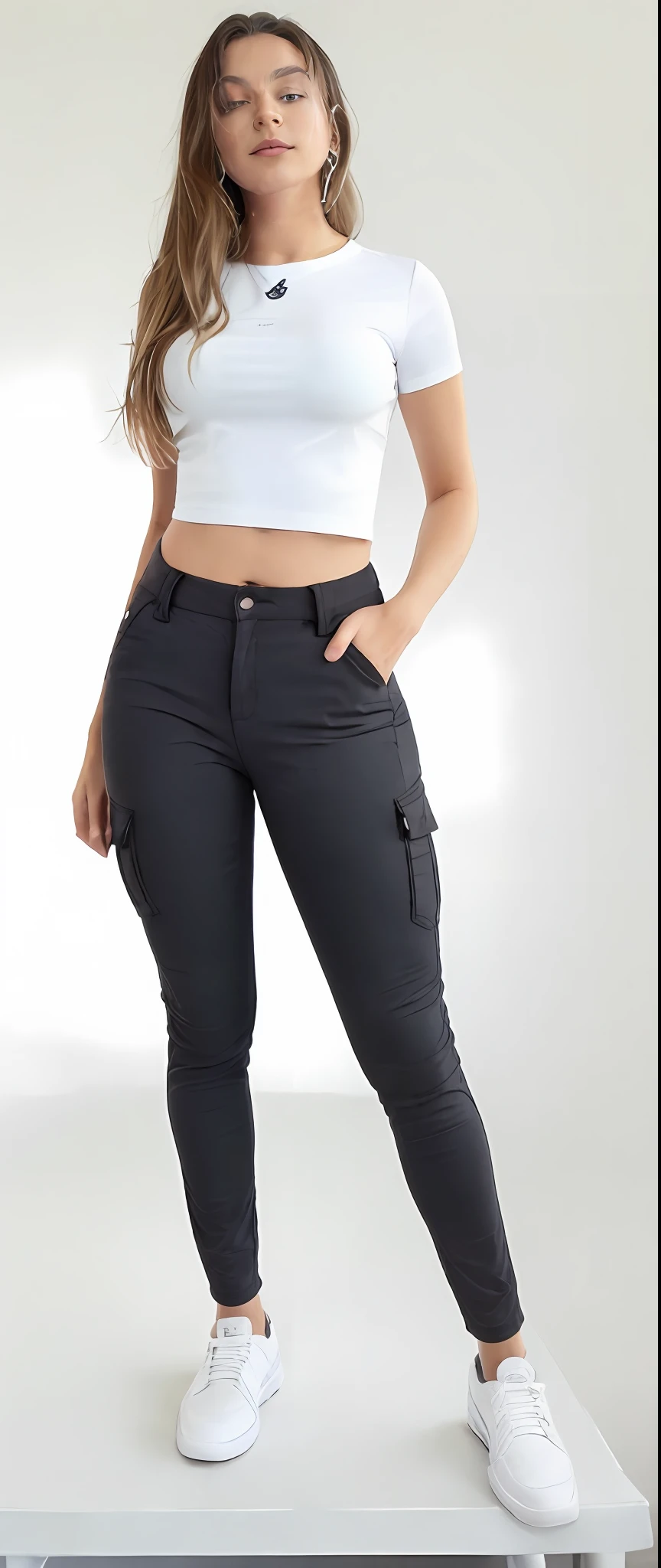 A beautiful woman in a white top and black pants posing for a photo, wearing tight cargo pants, cargo pants, pants clothes pants black jeans extremely tight, pants clothes pants clothing jeans black, black pants, pants clothes clothes jeans, pants clothes clothes jeans, jeans, garments, pants, clothing, jeans and t-shirt, com dois bolsos frontais, wearing pants and a t-shirt, pants clothes pants clothing jeans black, cintura fina, clothes clothes jeans jeans jeans clothes jeans jeans, cintura magra e quadris grossos