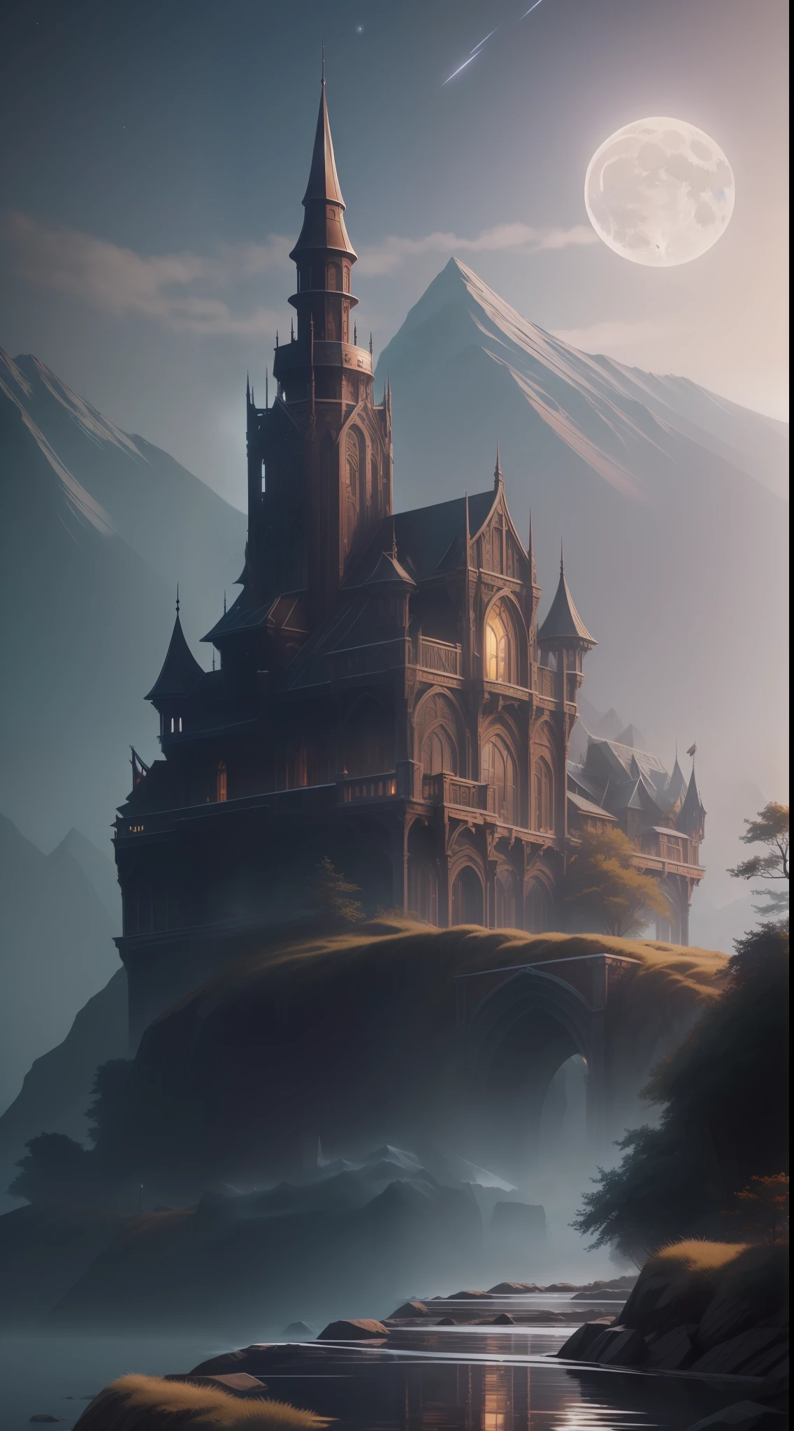 ((beste-Qualit)), ((tmasterpiece)), (Detailed:1.4), high quality, moonlit night, mountain range, fantasy, water reflections, splash screens, perfect composition, beautiful detailed intricate insanely detailed octane rendering trending on artstation, 32k art photography, photorealistic concept art, soft natural volumetric cinematic perfect light, chiaroscuro, award-winning photography, masterpiece, artstation trends, sharp focus, studio photo, intricate detail, high detail, Greg Rutkowski, hyper-detailing