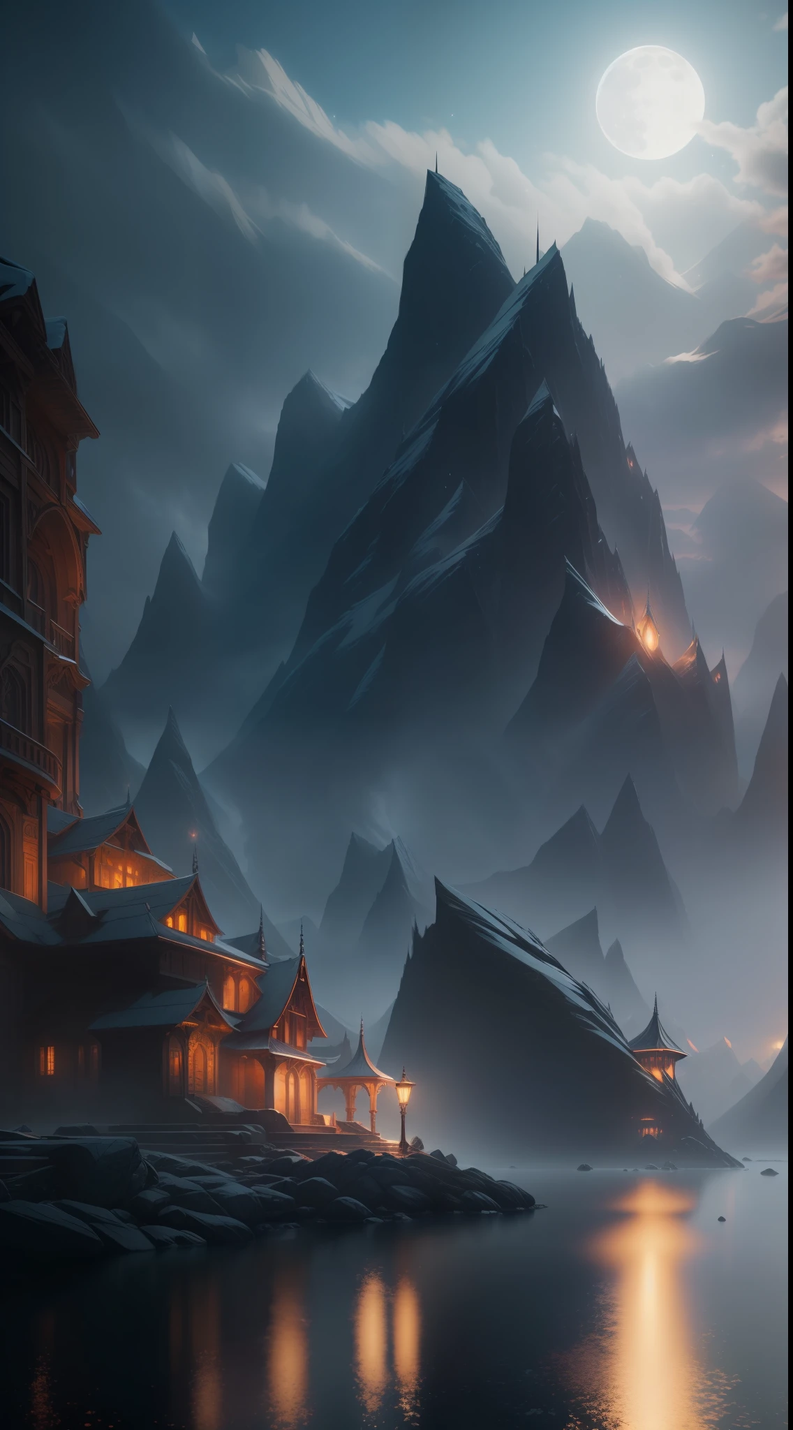 ((beste-Qualit)), ((tmasterpiece)), (Detailed:1.4), high quality, moonlit night, mountain range, fantasy, water reflections, splash screens, perfect composition, beautiful detailed intricate insanely detailed octane rendering trending on artstation, 32k art photography, photorealistic concept art, soft natural volumetric cinematic perfect light, chiaroscuro, award-winning photography, masterpiece, artstation trends, sharp focus, studio photo, intricate detail, high detail, Greg Rutkowski, hyper-detailing