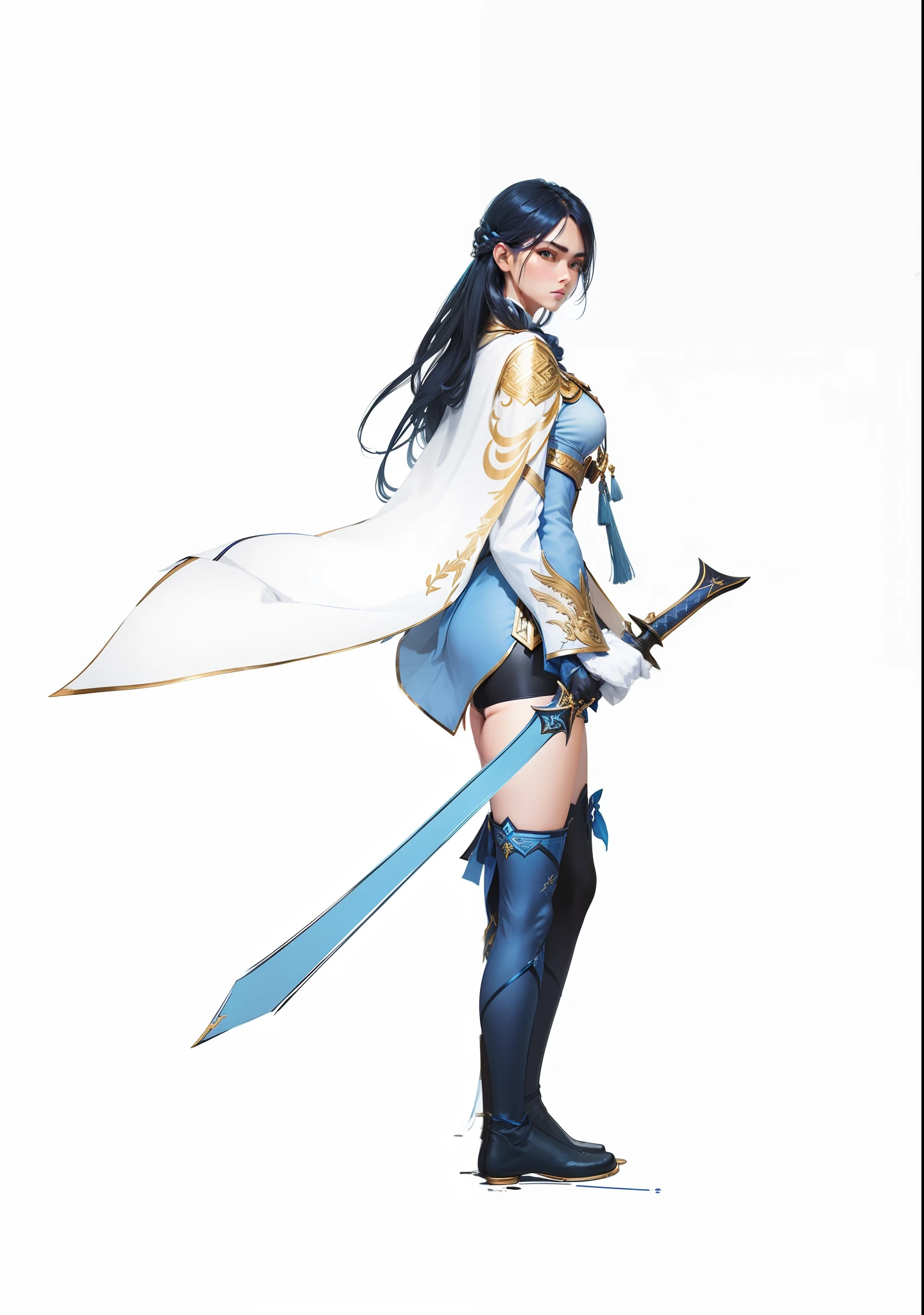 Original Drawing，A picture of a woman with a sword and a cape, Blue streamer trim on the chest，she is holding a sword, The long sword in her hand,black color hair，White gloves，The gloves have gold decorations in the shape of arrows，Dark blue boots，White cape，There are gold-tone metal striped trims on the shoulders，Blue streamer trim on chest，Clothes light blue gradient，Dark blue leggings，Xianxia，ccurate，lightand shade contrast