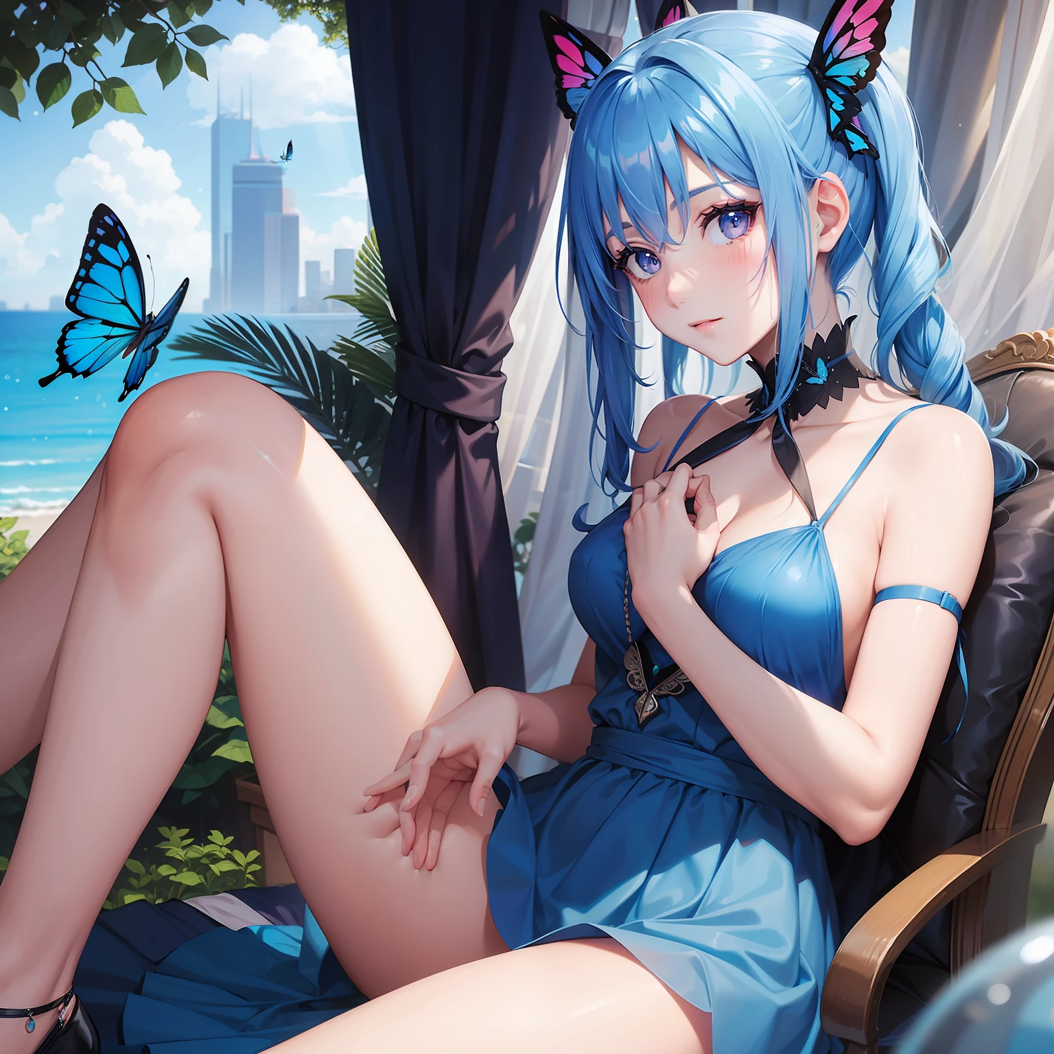 a women, blue butterfly, blue hair, pink eyes, blue dress