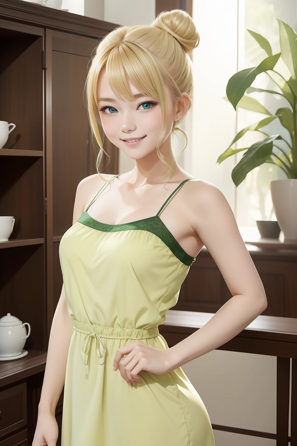 (masterpiece)8K分辨率、top-quality、Woman in a camisole dress、Blonde bun hair、green colored eyes、Very cute、Nice Buddy、kindly smile、Full body like