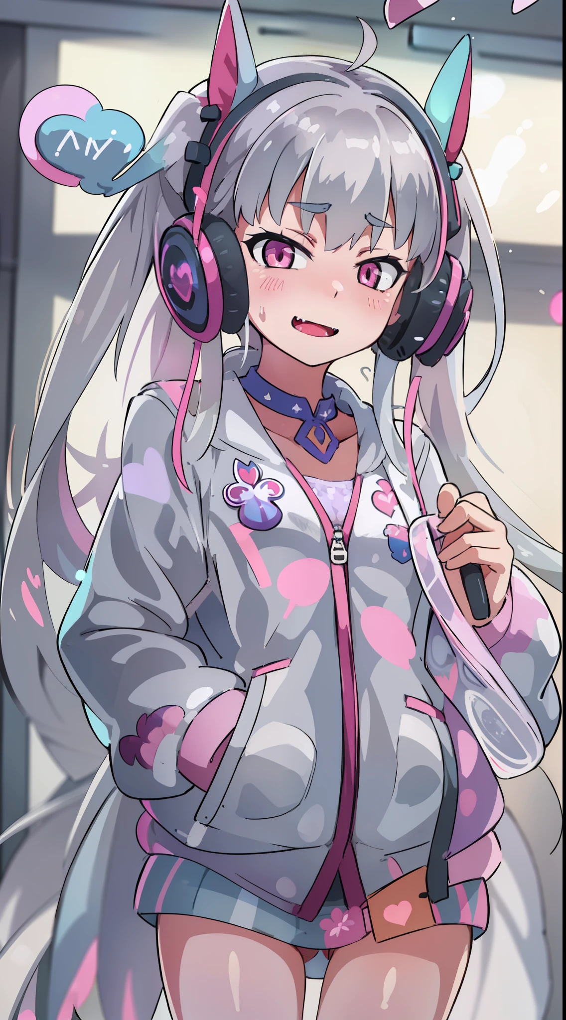 hiquality, tmasterpiece (One Loli Girl) streamer, Headphones with microphone on the head, Gray hair with iridescent strands, with two long ponytails and dark bows on the tails, pink eyes, one eye covered, Cute smile with open mouth and fang, White jacket with rainbow patterns, panty, bare feet. In the background of the room