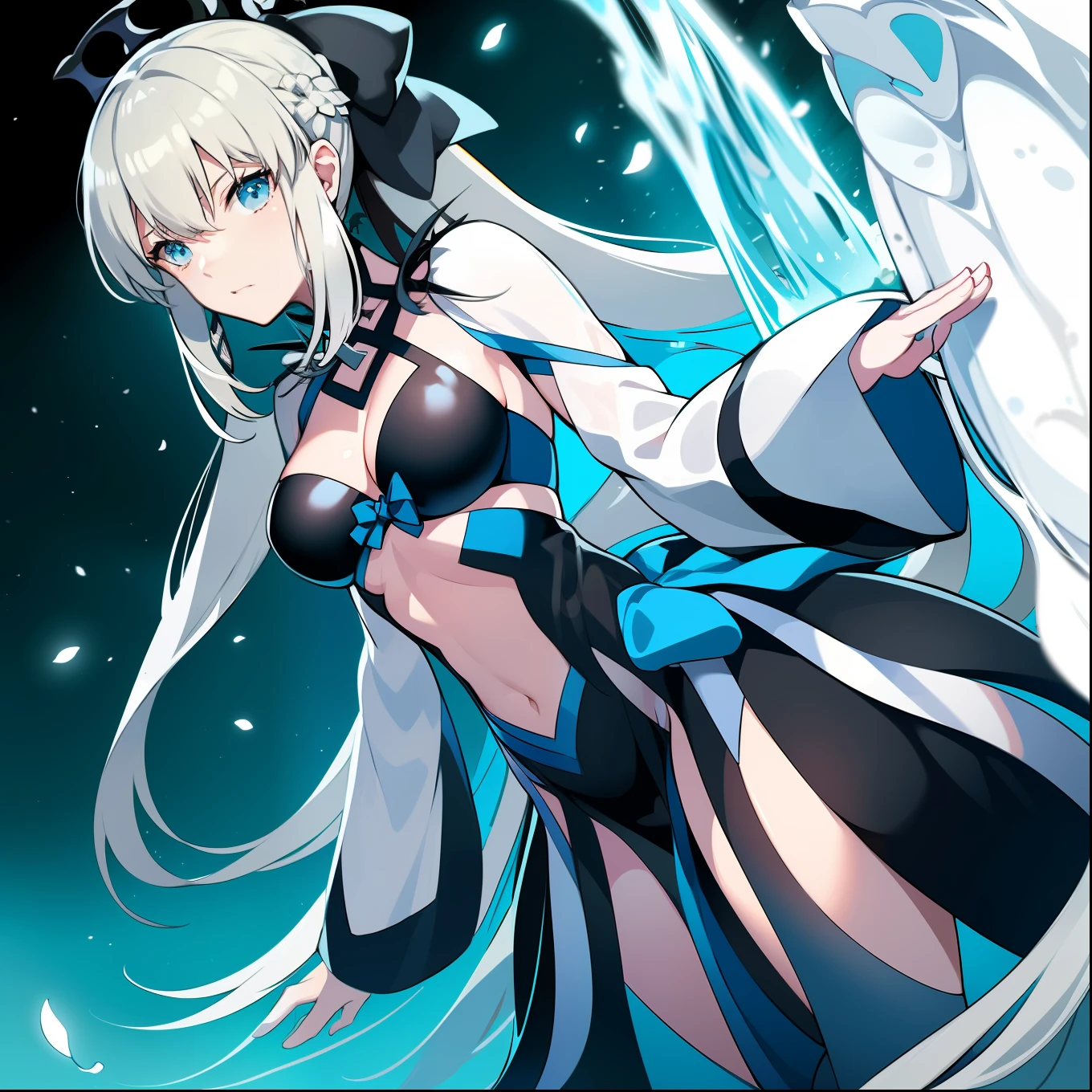 In the dark，A gray-haired girl glows at her feet，Blue splashes appeared beside her