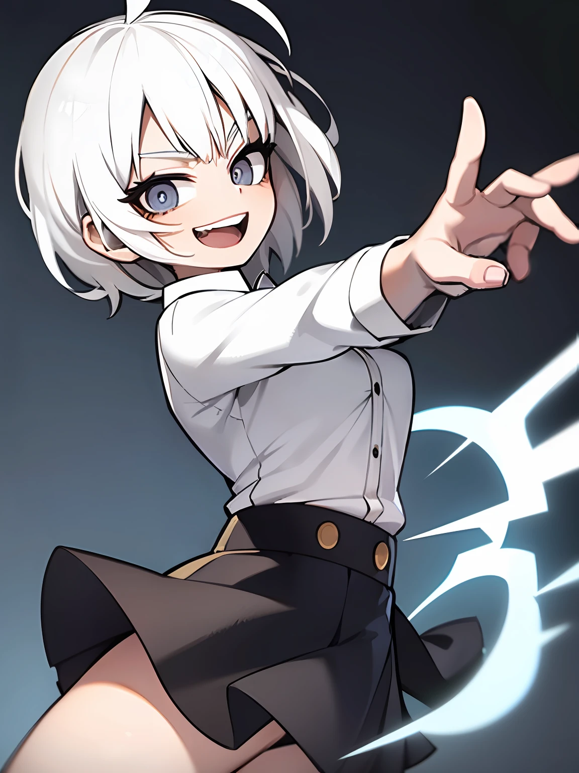 ((masterpiece, best quality)), (1girl), (solo), (female focus), (ahoge, white hair, short hair), black eyes, light smile, open mouth, ((white shirt), (buttoned shirt ), (button slit)), ((black dress), (short skirt)), standing, white background, behind arms, dynamic angle