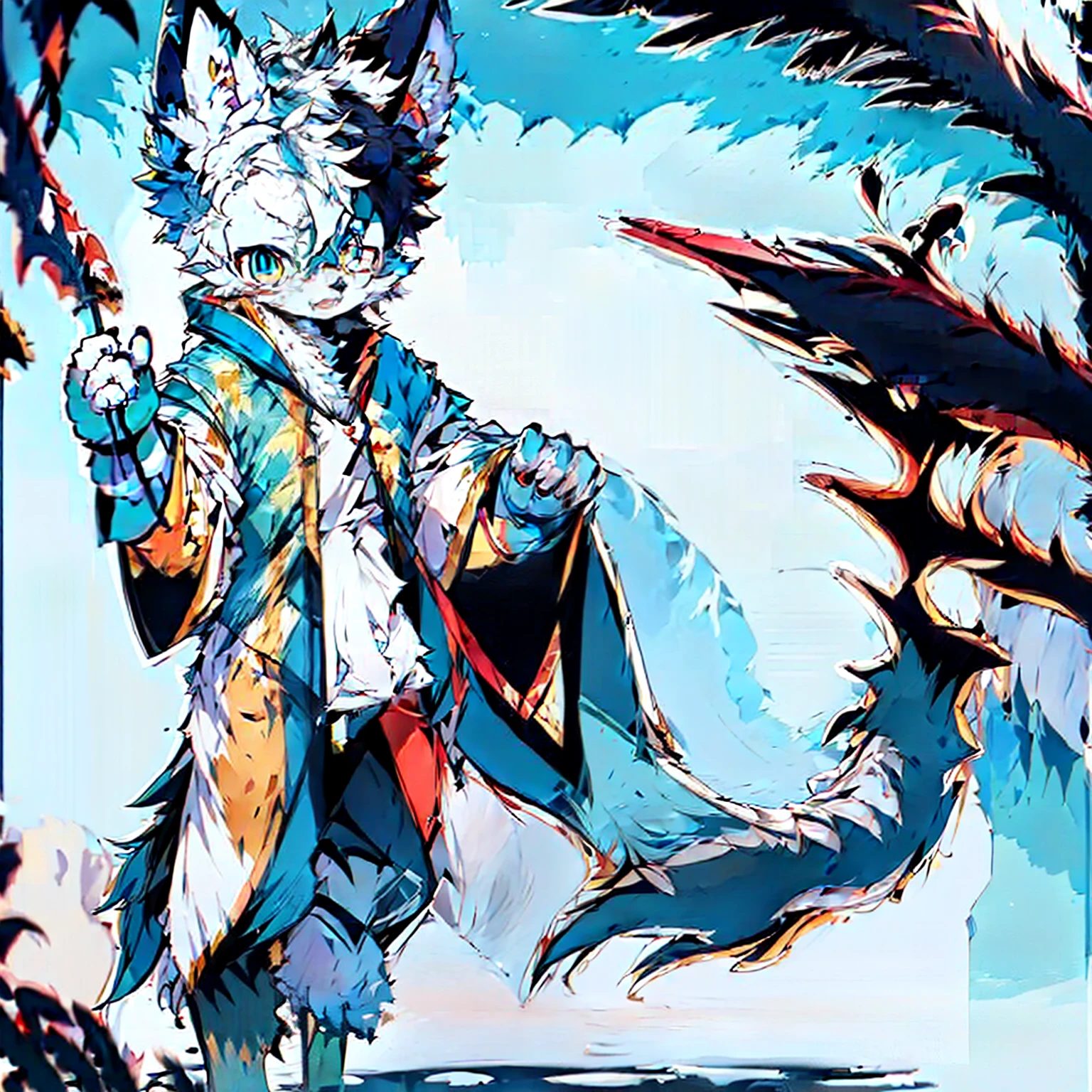 delicated，furry，canid，red fox，White hair，blue color eyes，Loose robes（Sky blue, golden lake, blue），Black loose trousers，Natural light