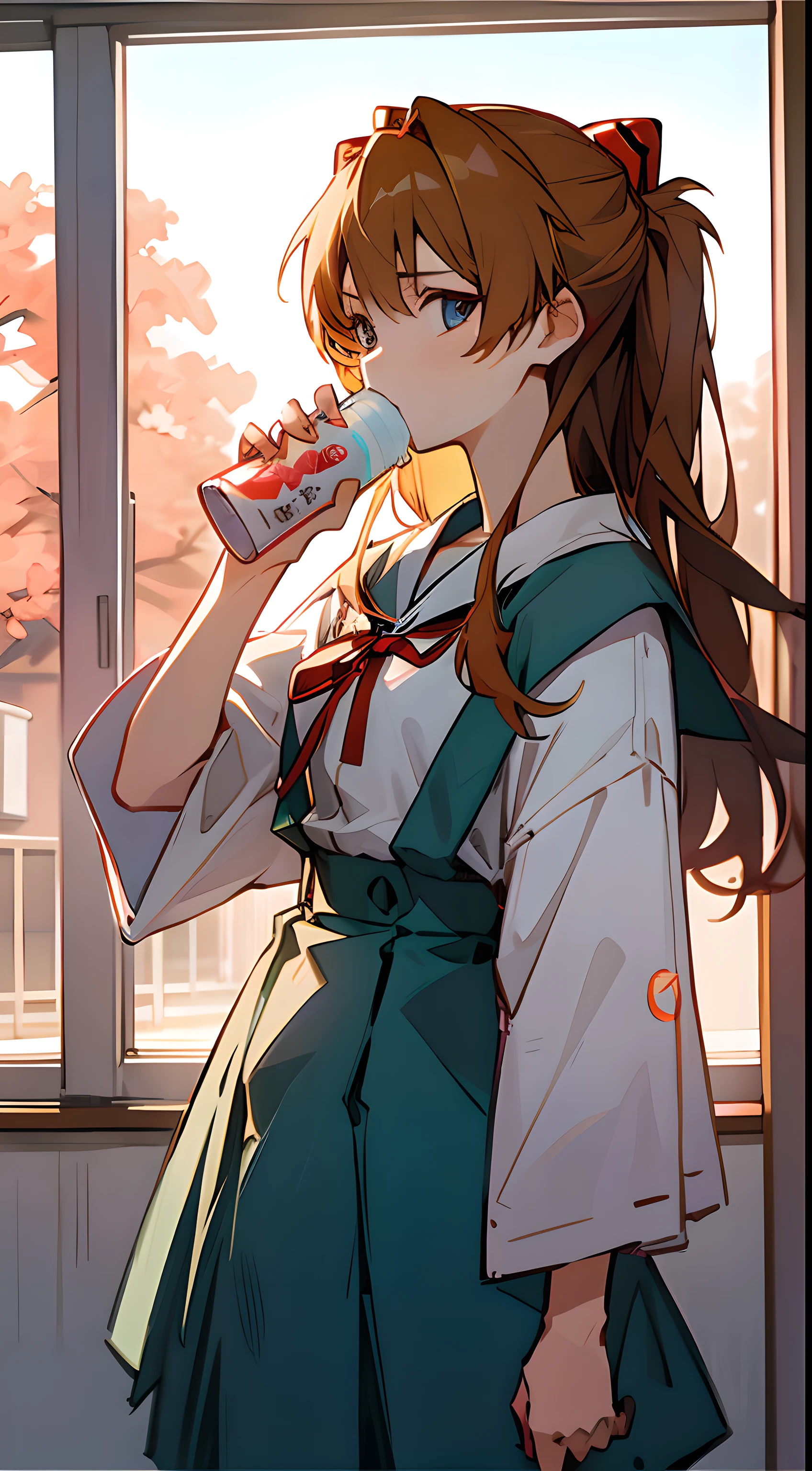 1 girl, asuka,School uniforms in Japan, Evangelion, 8K, best quality, japanese cloth, looking out the window, more details,Drinking juice, summer, cool style, bright colors,sunlight,japan,