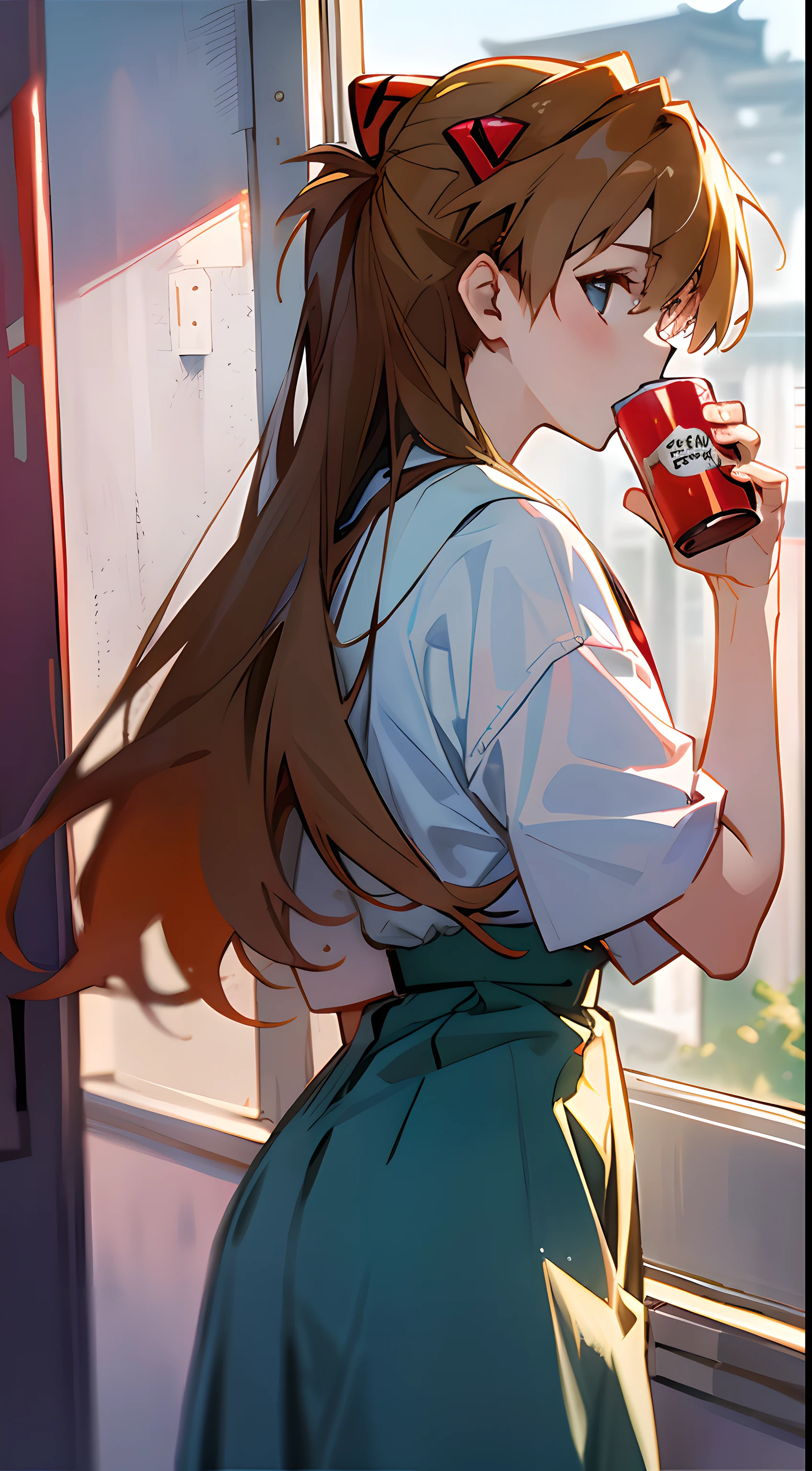 1 girl, asuka,School uniforms in Japan, Evangelion, 8K, best quality, japanese cloth, looking out the window, more details,Drinking juice, summer, cool style, bright colors,sunlight,japan,