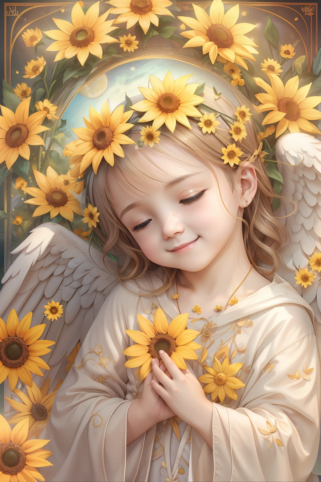 Blessings of Angels、Bright background、Sun flower、heart mark、tenderness、A smile、Gentle、 Angel、fullmoon