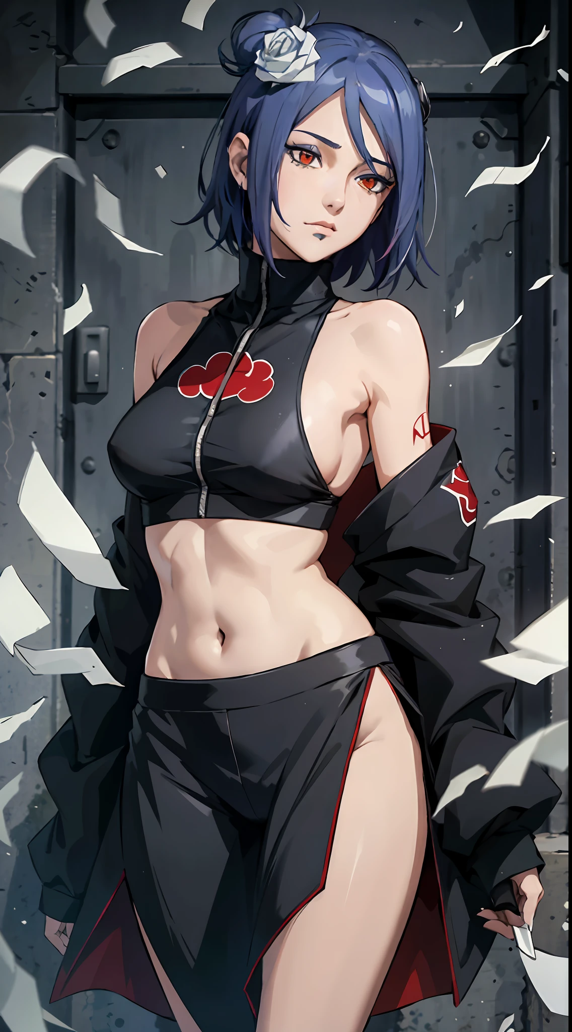 absurderes, (best qualityer), (tmasterpiece), (ultra - detailed: 1.2), (Fotorrealista: 1.1),Off-the-shoulder attire， (A high resolution), 1girll,(injury:1.1),(bloods:1.1), Xiaonan \(Naruto\), (Akatsuki bikini:1.1), Perforated Rabret, (Paper:1.2), Ripples, twirl, Rainbow art,