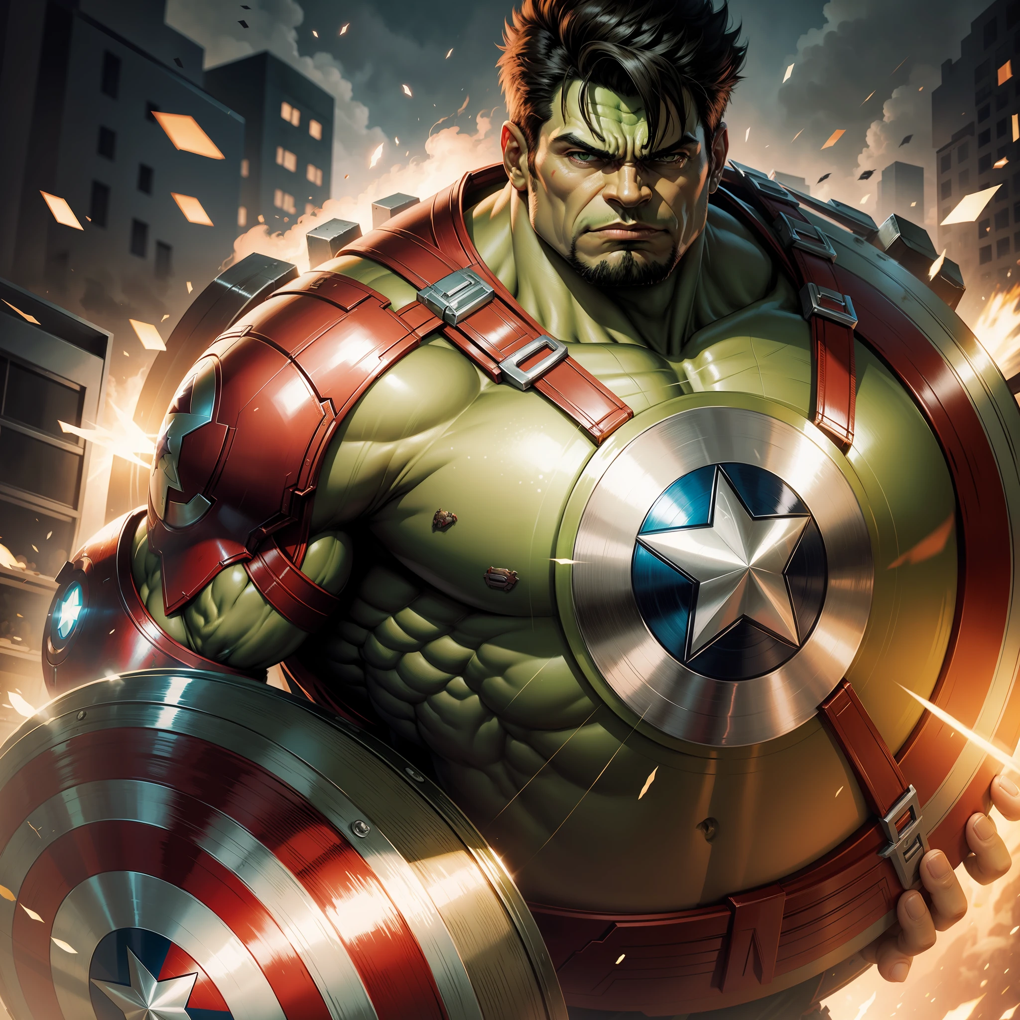 Hulk with iron man thusters holding captain america shield