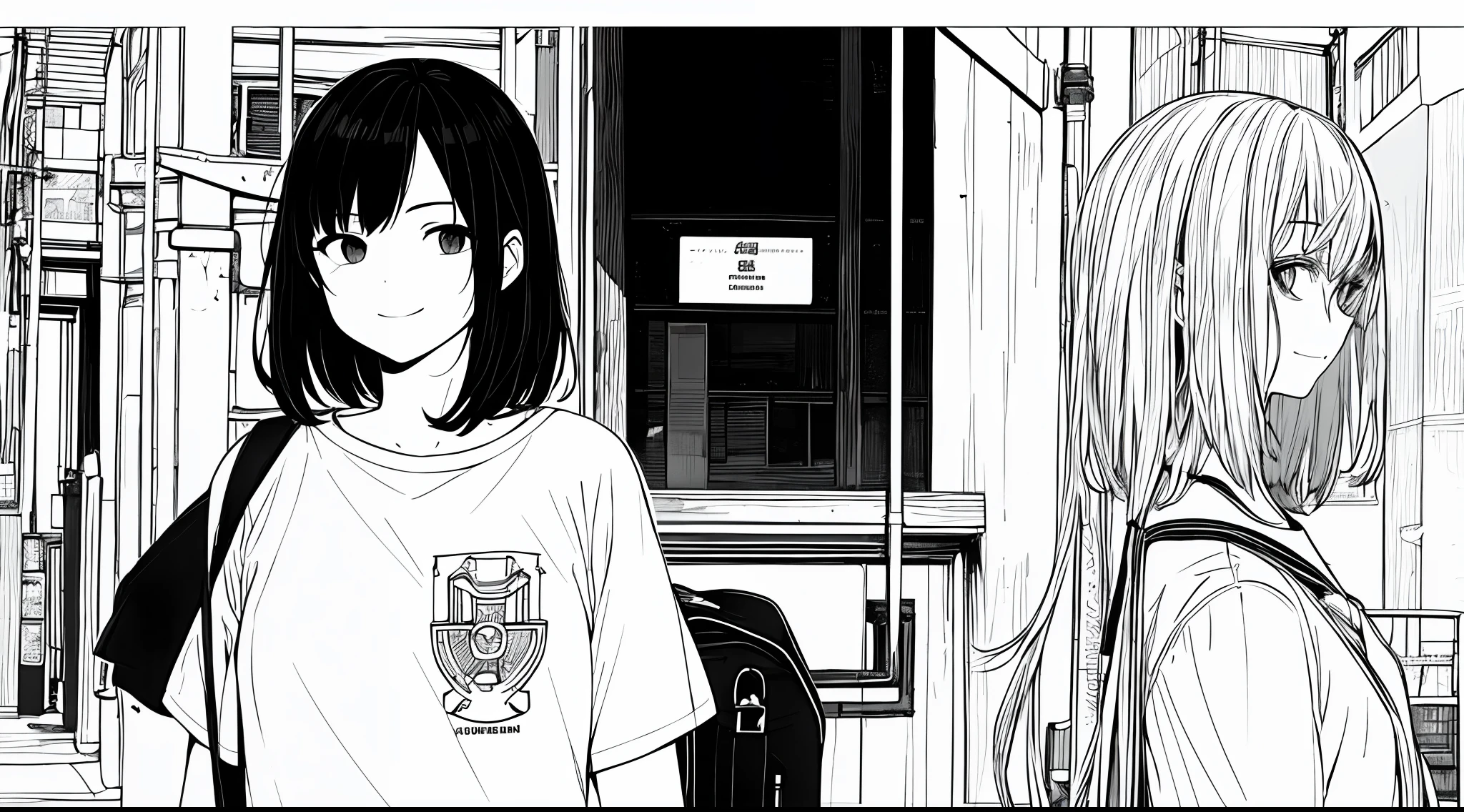 masterpiece, top-quality, 1girl in, tshirts, A slight smil, a school bag, A dark-haired, Black eyes, cyberpunked, a street, monochromes, line-drawing、