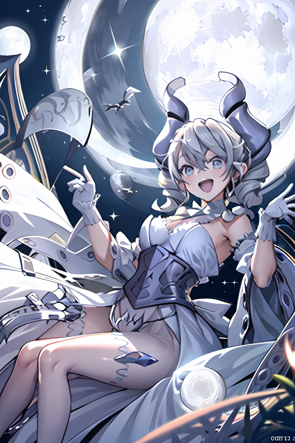 masterpiece, best quality, 1girl, horns, dress, white gloves, Ornate, laughing, night, moon