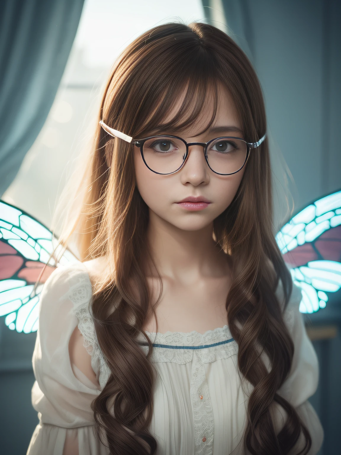 Little girl, Seven years old, Long curly hair, Reddish-brown hair, Blonde glasses, hamster ears, Beautiful glowing wings, smooth soft skin, Fine face, concept-art, Fairy tales, fairy tales, kawaii, Octane rendering, 3D, Perfect face, Fine face, Fine eyes. Craig Davidson, Aubrey Beardsley, Conrad Rosset, aykut aydogdu, Agnes Cecile, Soft lighting, 4k --s 730 --AR 9:16 --q 5 --niji 5