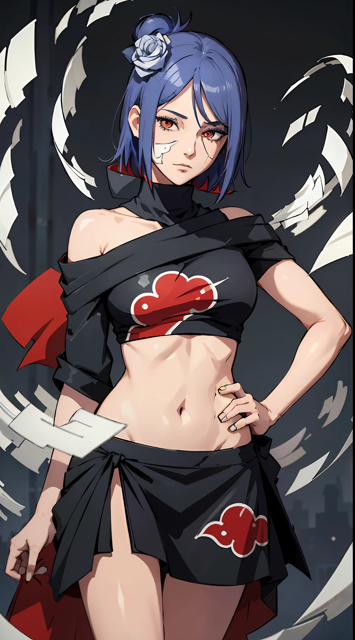 absurderes, (best qualityer), (tmasterpiece), (ultra - detailed: 1.2), (Fotorrealista: 1.1),Off-the-shoulder attire, (A high resolution), 1girll,(injury:1.1),(bloods:1.1), Xiaonan \(Naruto\), Akatsuki bikini, Perforated Rabret, (Paper:1.2), Ripples, twirl, Rainbow art,
