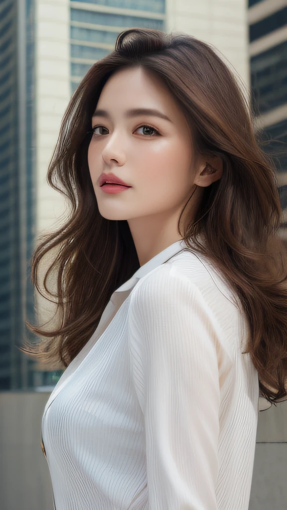 (Best quality, High resolution, Masterpiece :1.3), A tall and pretty woman, Slender abs, Dark brown hair styled in loose waves, Breasts, Wearing pendant, White button up shirt, Belt, Black skirt, (Modern architecture in background), Details exquisitely rendered in the face and skin texture, Detailed eyes, Double eyelid