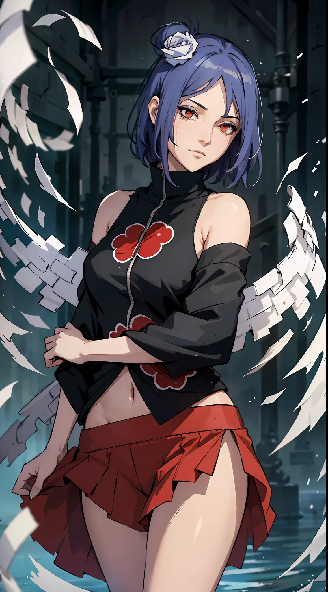 absurderes, (best qualityer), (tmasterpiece), (ultra - detailed: 1.2), (Fotorrealista: 1.1),Off-the-shoulder attire， (A high resolution), 1girll,(injury:1.1),(bloods:1.1), Xiaonan \(Naruto\), Akatsuki bikini， Perforated Rabret, (Paper:1.2), Ripples, twirl, Rainbow art,