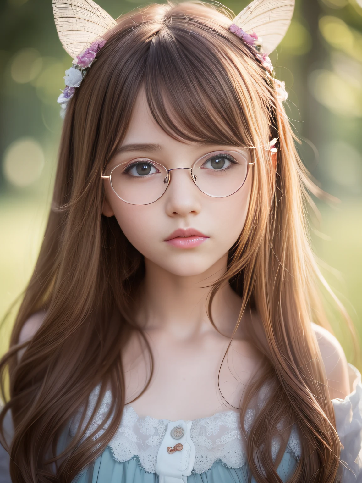 Little girl, closeup of face，Seven years old, Long curly hair, Reddish-brown hair, Blonde glasses, hamster ears, Beautiful glowing wings, smooth soft skin, Fine face, concept-art, Fairy tales, Fairy tales, kawaii, Octane rendering, 3D, Perfect face, Fine face, Fine eyes. Craig Davidson, Aubrey Beardsley, Conrad Rosset, aykut aydogdu, Agnes Cecile, Soft lighting, 4k --s 730 --AR 9:16 --q 5 --niji 5