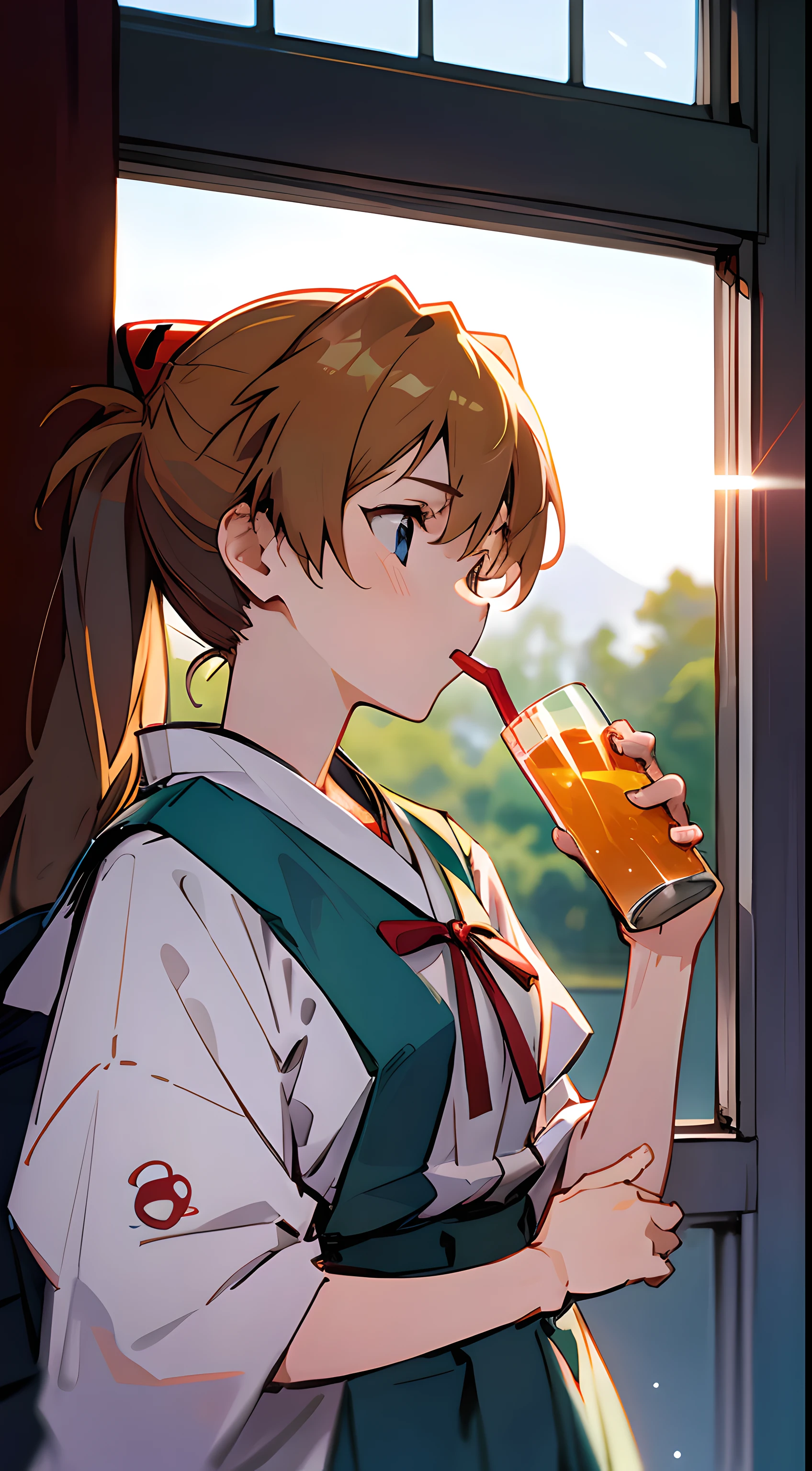 1 girl, asuka,School uniforms in Japan, Evangelion, 8K, best quality, japanese cloth, looking out the window, more details,Drinking juice, summer, cool style, bright colors,sunlight,japan,