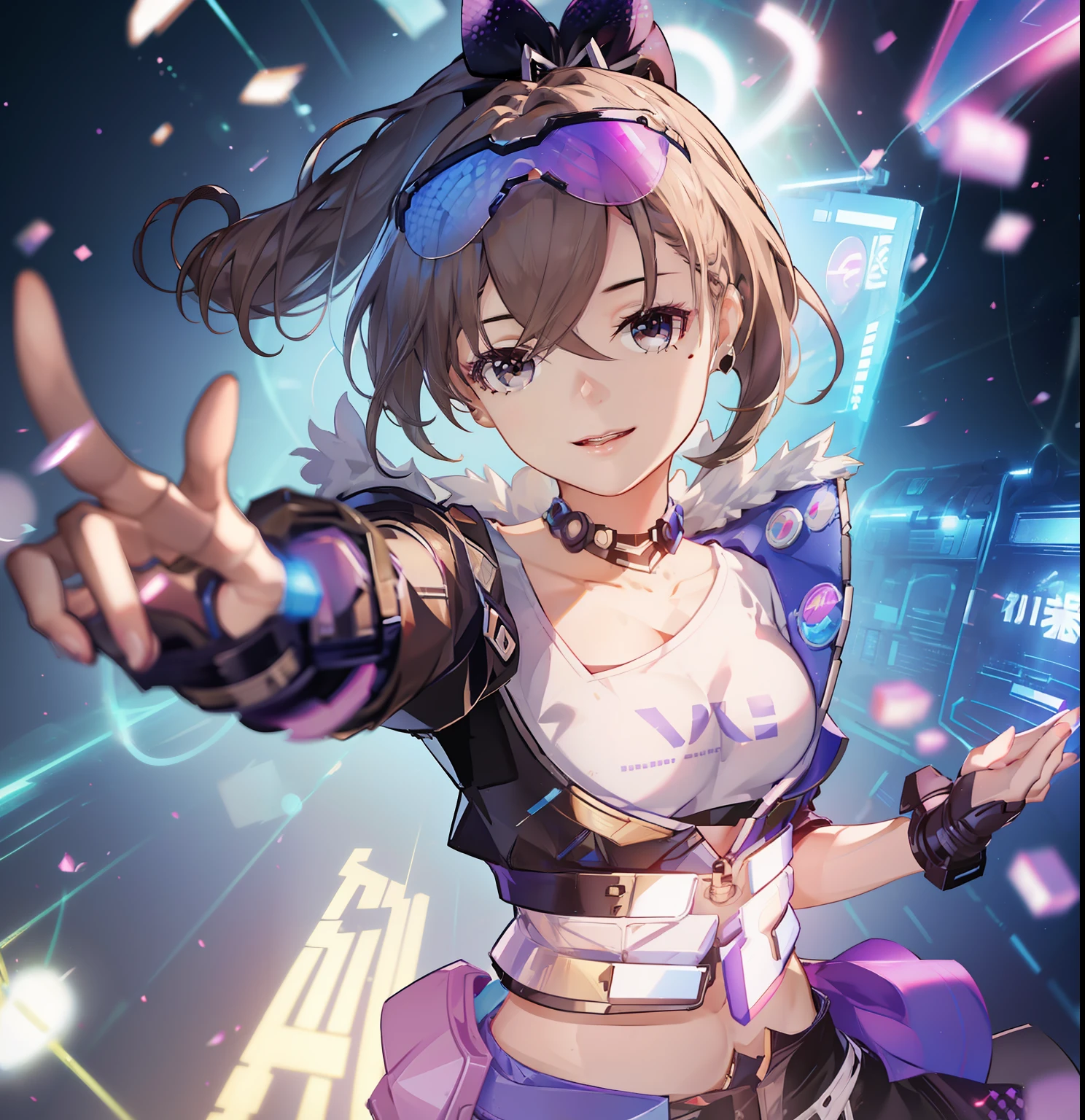 best quality, photorealistic, masterpiece, 8k, high res, solo, 1girl, (((woman))), (medium breast), ((looking at the viewer)), (looking at the camera), boy friend view, (short hair), ponytail, (professional lighting, bokeh), extremely detailed face, fashionable and trendy atmosphere, taiwan, park, ((daytime)), (blouse :1.5), dress, (portrait:0.6), seductive smile, gorgeous, floating hair, (light particles, lens flare, glowing particles:0.6), (dynamic pose:1.1), soft lighting, brown hair, (model figure:1), standing, (obvious mole under eye:1.2), (smile folds:0.8), (mature face:1), teeth, narrow face,