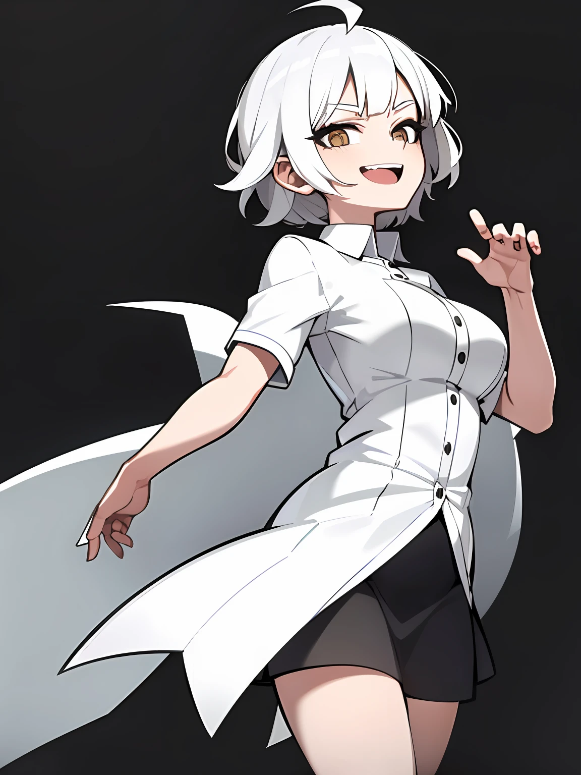 ((masterpiece, best quality)), (1girl), (solo), (female focus), (ahoge, white hair, short hair), black eyes, light smile, open mouth, ((white shirt), (buttoned shirt ), (button slit)), ((black dress), (short skirt)), standing, white background, behind arms, dynamic angle