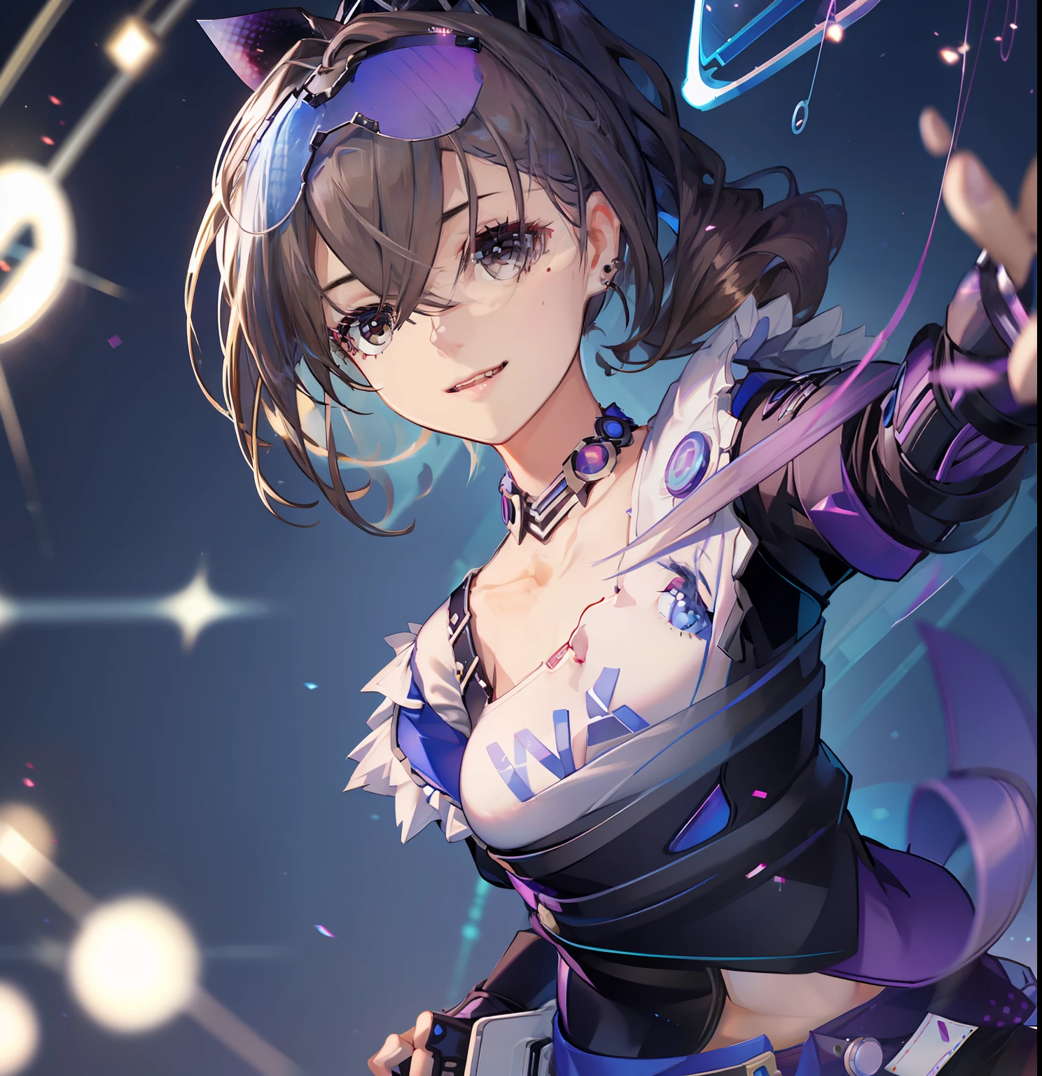 best quality, photorealistic, masterpiece, 8k, high res, solo, 1girl, (((woman))), (medium breast), ((looking at the viewer)), (looking at the camera), boy friend view, (short hair), ponytail, (professional lighting, bokeh), extremely detailed face, fashionable and trendy atmosphere, taiwan, park, ((daytime)), (blouse :1.5), dress, (portrait:0.6), seductive smile, gorgeous, floating hair, (light particles, lens flare, glowing particles:0.6), (dynamic pose:1.1), soft lighting, brown hair, (model figure:1), standing, (obvious mole under eye:1.2), (smile folds:0.8), (mature face:1), teeth, narrow face,