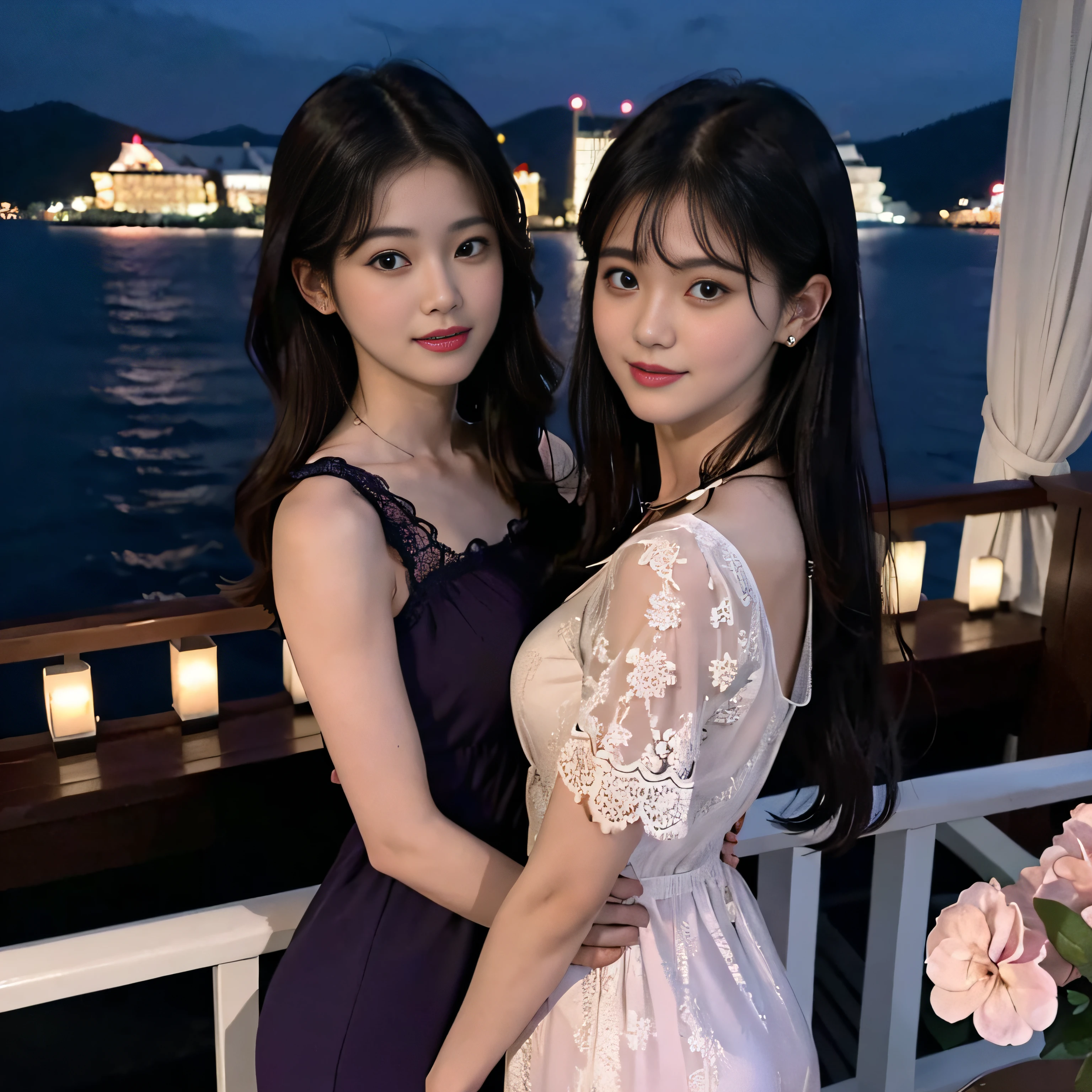 8K, top quality, masterpiece: 1.2), (realistic, photorealistic: 1.37), (3/4 body view:1.5), (super detailed two cute girls:1.2), (mature female), (Yuri, lesbian: 1.1), (perky firmed breasts), (two girls close to intimacy: 1.5), beautiful detailed night sky, detailed sea side hotel, at night, (Standing on the deck in sea-side resort hotel: 1.5), (Detailed petite face with adorable nose and Charming Eyes: 1.5), (embarrassed:1.2), (ahegao:1.2), (looking at viewer1:1), Beautiful detailed eyes, (Purple or pink elegant lace-trimmed dress: 1.5), Night, (long hair: 1.2),