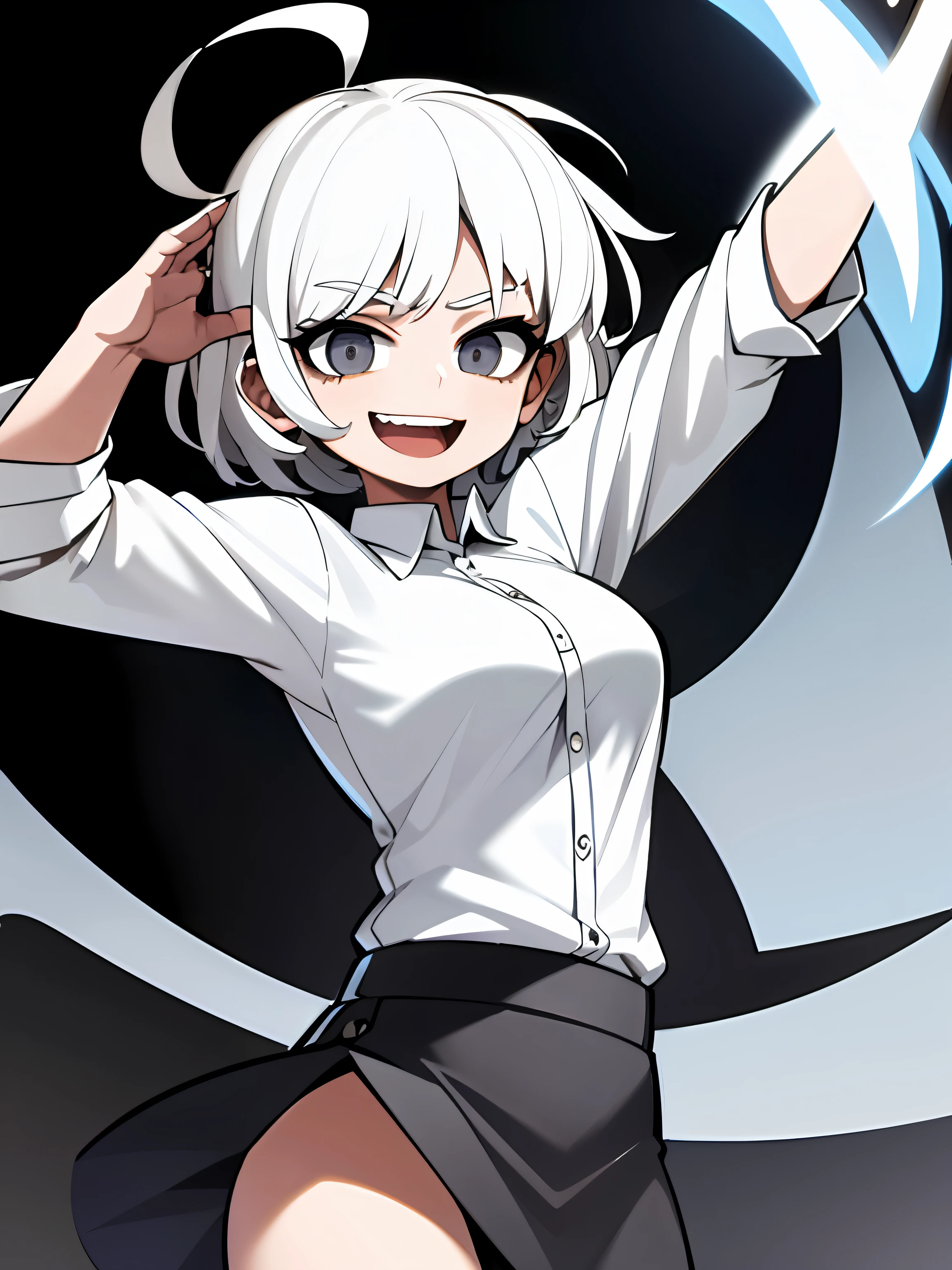 ((masterpiece, best quality)), (1girl), (solo), (female focus), (ahoge, white hair, short hair), black eyes, light smile, open mouth, ((white shirt), (buttoned shirt ), (button slit)), ((black dress), (short skirt)), standing, white background, behind arms, dynamic angle