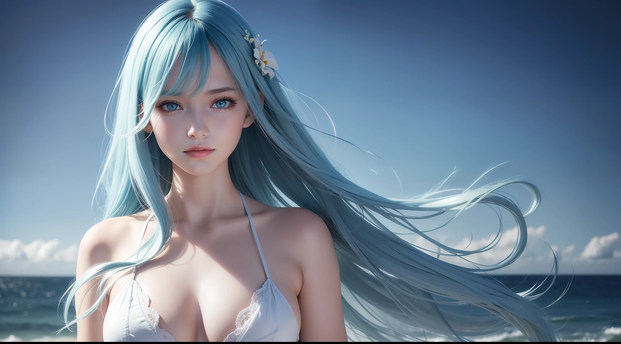 highest quality, masterpiece, details everything, solo, high_res,1 beautiful girl, light blue hair, standard body, center, hair makeup, pretty face, light makeup, Tyndall effect, photo realistic, dark studio, daylight, clear, inshore sea, hawaiian coast, clear blue sea, wet shadow body, (high detail skin: 1.2), 8k uhd, dslr, light studio, high quality, photo, high resolution, 8k, bokeh.