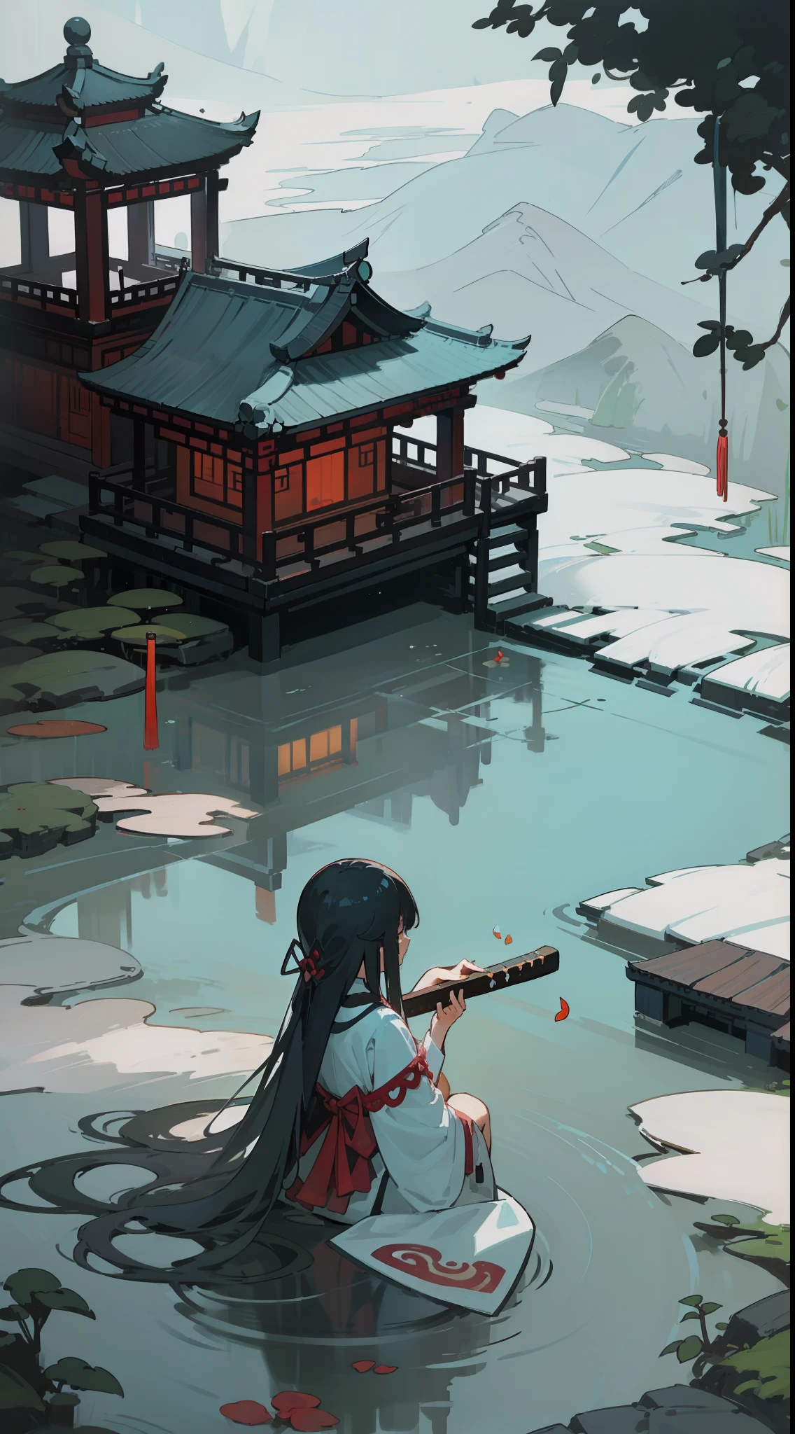 Chinese aesthetics、Ink quality、Peaceful creekside、Lonely gazebo、A long-haired girl holding a guqin、The expression was melancholy、Creation at the highest level。(tmasterpiece)