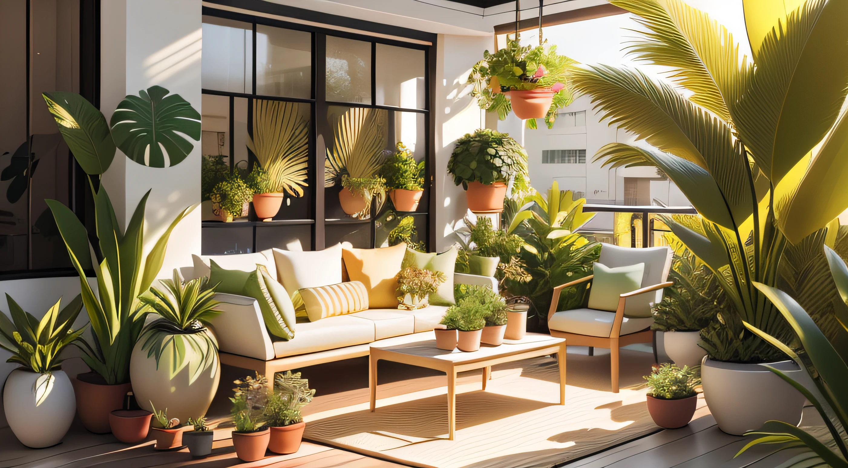 Huge sun balcony full of greenery，golden and white，green rose，Hanging orchids，Succulent，potted，a chair，A  Coffee table，tea set，Interior renderings，evening light，high end，posh，Strip light，artwork of a，Realisticstyle，Authentic expressions