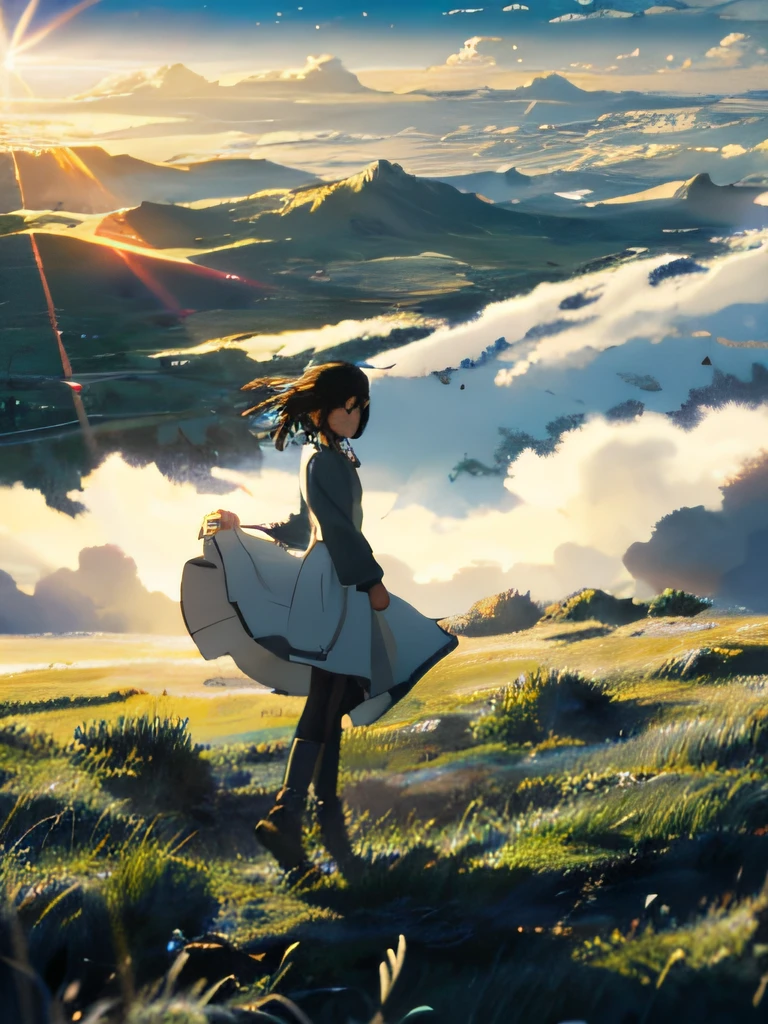Vast sky, beautiful skyline, large grasslands, intense and dramatic pictures, moving visuals, hanging north stars, colorful natural light. Long sleeve white dress girl