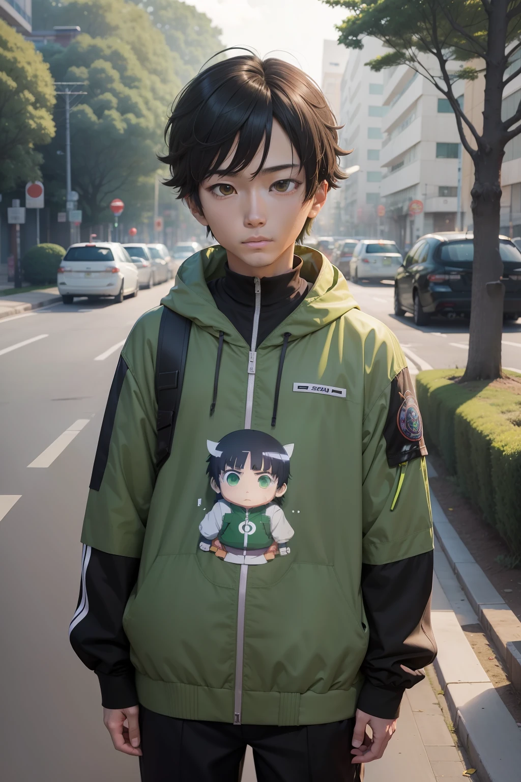 Menino do anime no uniforme verde de frente, com rosto no angulo na camera, shin megami, Lain Iwakura, Arte Oficial, Shin megami tensei, imagem de anime shuushuu, Retrato de Lain Iwakura, Iwakura Lain, Directed by: Rumiko Takahashi, yukio - e, Melhor Design de Personagens de Anime, Yosuke Ueno, Personagem de anime, imagem de anime safebooru, Make landscape of trees behind it, deixe tudo em 3d mais realista,