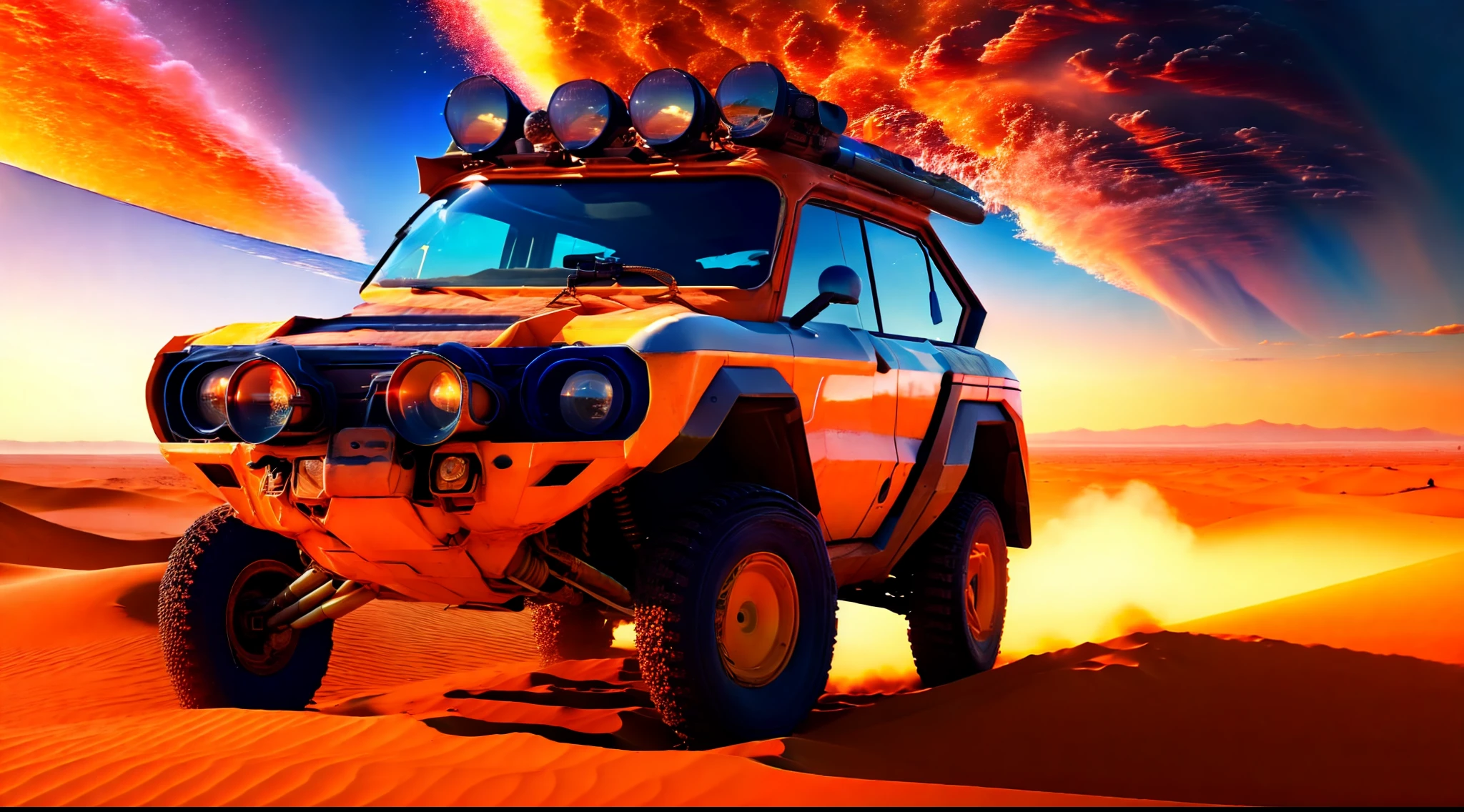 High quality, hyper details, 8k, wallpaper, cientista louco sozinho no deserto, somente areia em sua volta, expression of confusion, corpo inteiro, cientista olhando para cima, particulas de areia por toda a imagem