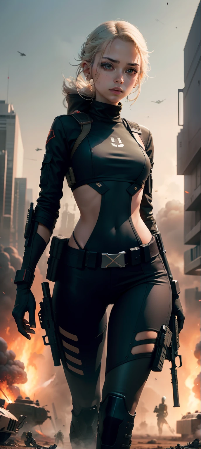 A slim girl,Armed with a futuristic rifle,Behind him was a battlefield filled with gunfire,Burst,Enchanted,Raised sexy