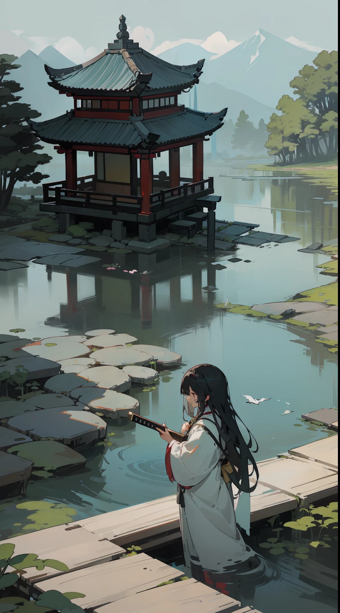 Chinese aesthetics、Ink quality、Peaceful creekside、Lonely gazebo、A long-haired girl holding a guqin、The expression was melancholy、Creation at the highest level。(tmasterpiece)