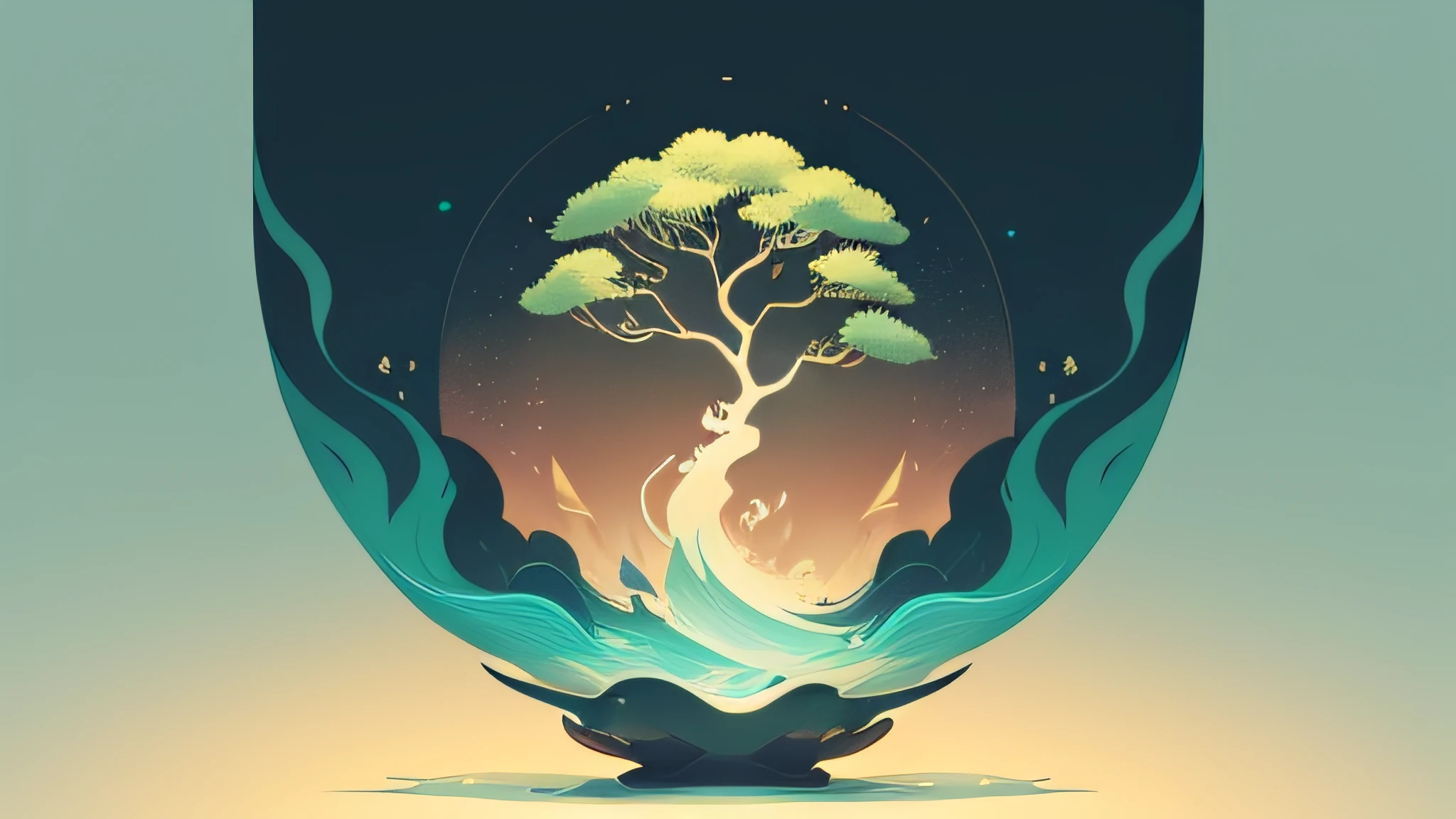 abstract paintings、(Zen Buddhism、Amy Sol Style)、(夏天)、(Green Tree、Bellflower blossom、rivulets)、Light abstraction cover art、Simple vector art、Contemporary Chinese art、Color gradient、Soft color palette、Layered Forms、Whimsical animation、Style Ether Abstract