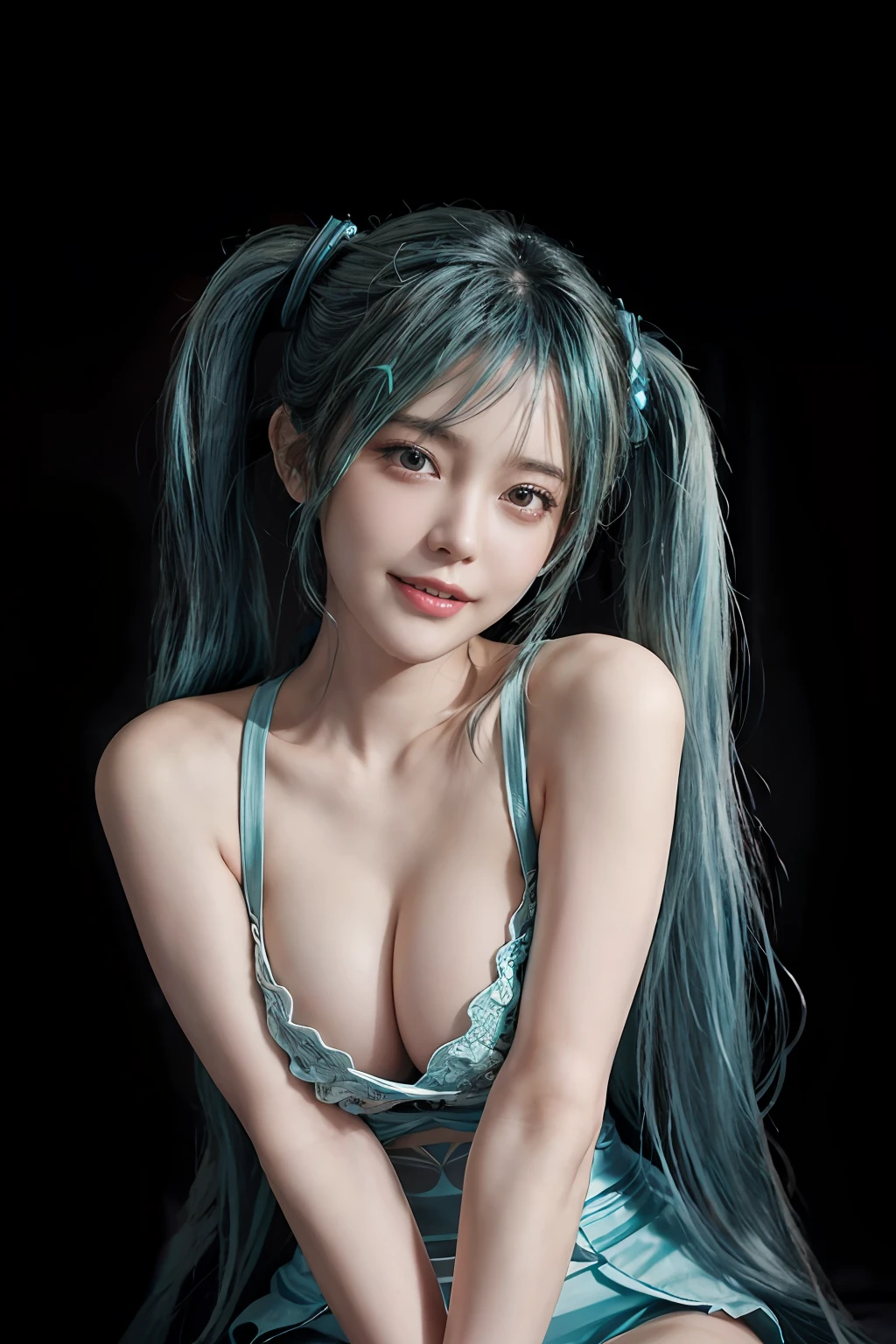 (front focus), keyword: 1girl in photoshoot, (((hatsune miku))), (in the dark:1.6), Hyperrealist portrait, fantasy art, photo realistic, dynamic lighting, poster, bokeh, volumetric lighting, very detailed faces, 8k, award winning, 1girl, 25 years old girl, deep shadow, low key, long twin tail hair with pony, hair ornament, bright tosca hair and eye color (((strong color))), big breast, round breast, nacklaces , full body, big smile (open mouth), wet skin, Highly detailed face and skin texture, Detailed eyes, Realistic eyes, Beautiful detailed eyes, (Realistic skin)